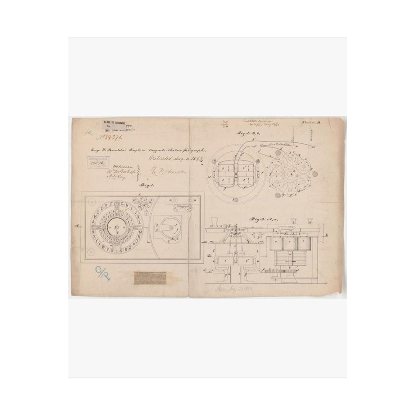 Patent drawing - Drawing of Improvements in Magneto-electric Telegraphs Public domain image High Quality Matte Wall Art Poster for Home, Office, Classroom