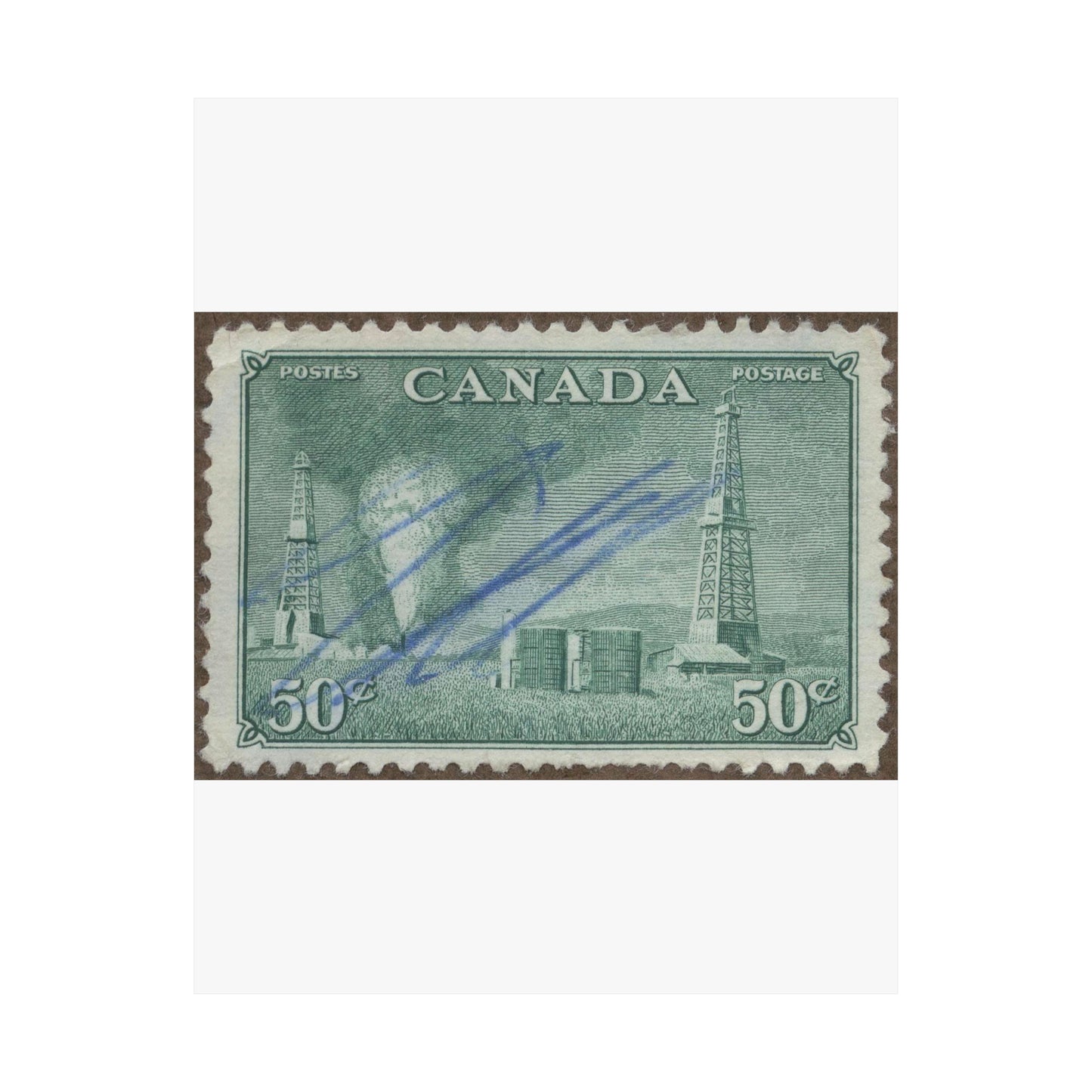 Frimärke ur Gösta Bodmans filatelistiska motivsamling, påbörjad 1950.Frimärke från Canada, 1950. Motiv av petroleumutvinning i Alberta. High Quality Matte Wall Art Poster for Home, Office, Classroom
