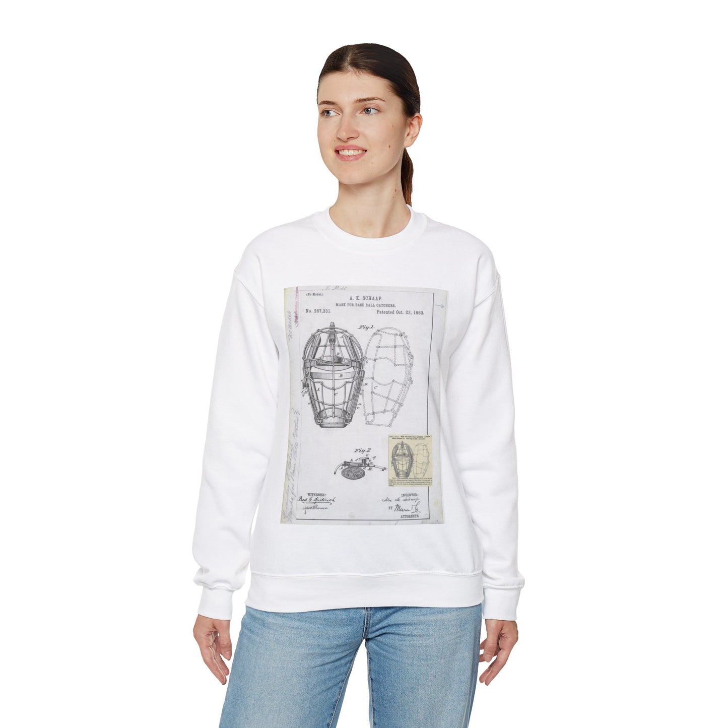 Patent drawing - Drawing of a "Mask for Base Ball Catchers" Public domain image White Heavy Blend Adult Crew Neck SweatShirt
