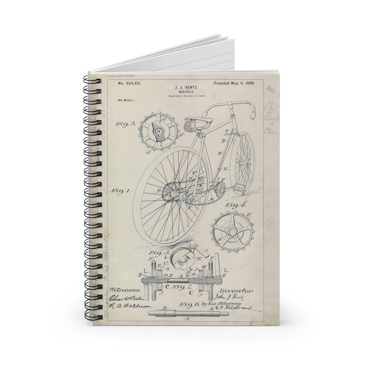 Patent drawing - for J. J. Hentz' Bicycle Public domain image Spiral Bound Ruled Notebook with Printed Cover