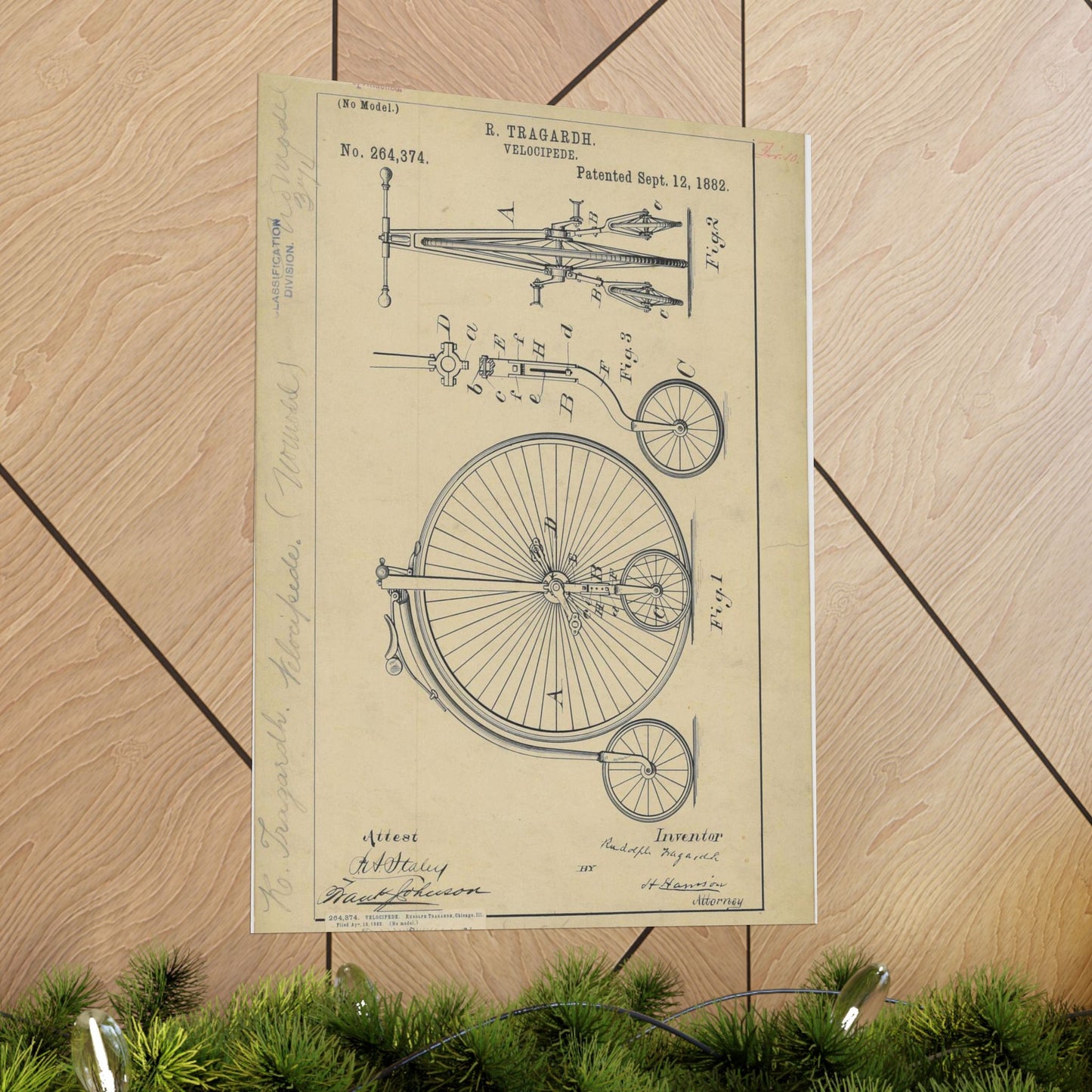 Patent drawing - Drawing of a Velocipede Public domain image High Quality Matte Wall Art Poster for Home, Office, Classroom