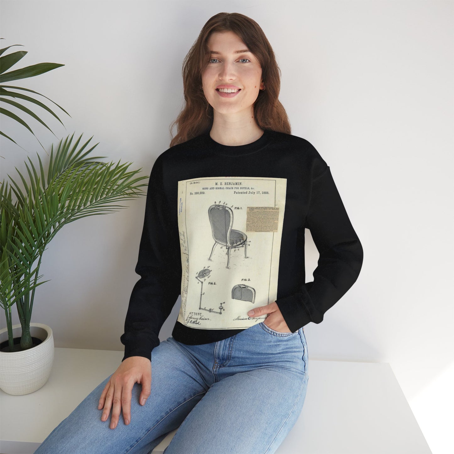 Patent drawing - for M. E. Benjamin's Gong and Signal Chair for Hotels Public domain image Black Heavy Blend Adult Crew Neck SweatShirt