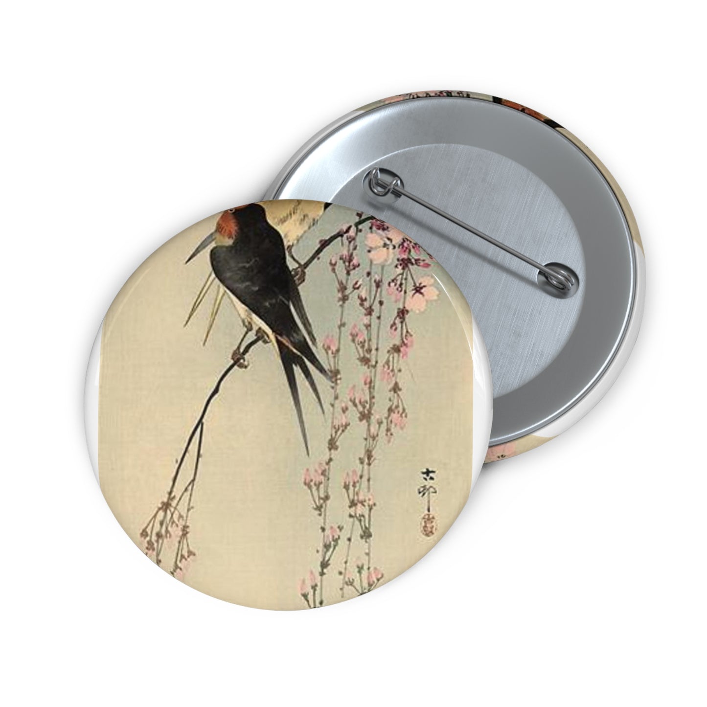 Koson - two-barn-swallows-on-blossoming-cherry, Ohara Koson Pin Buttons with Crisp Design