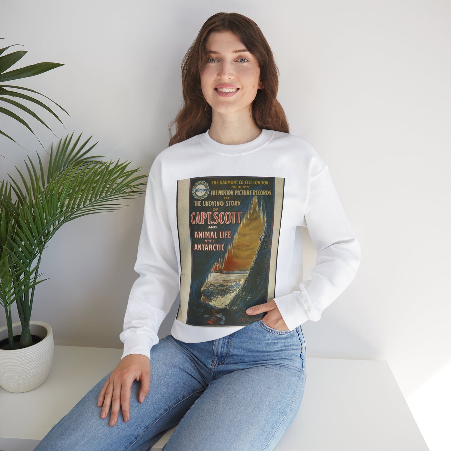 The Gaumont Co. L'T'D. London presents the motion picture records of the undying story of Capt. Scott and animal life in the Antarctic / The Morgan Lith. Co., Cleveland, O. White Heavy Blend Adult Crew Neck SweatShirt