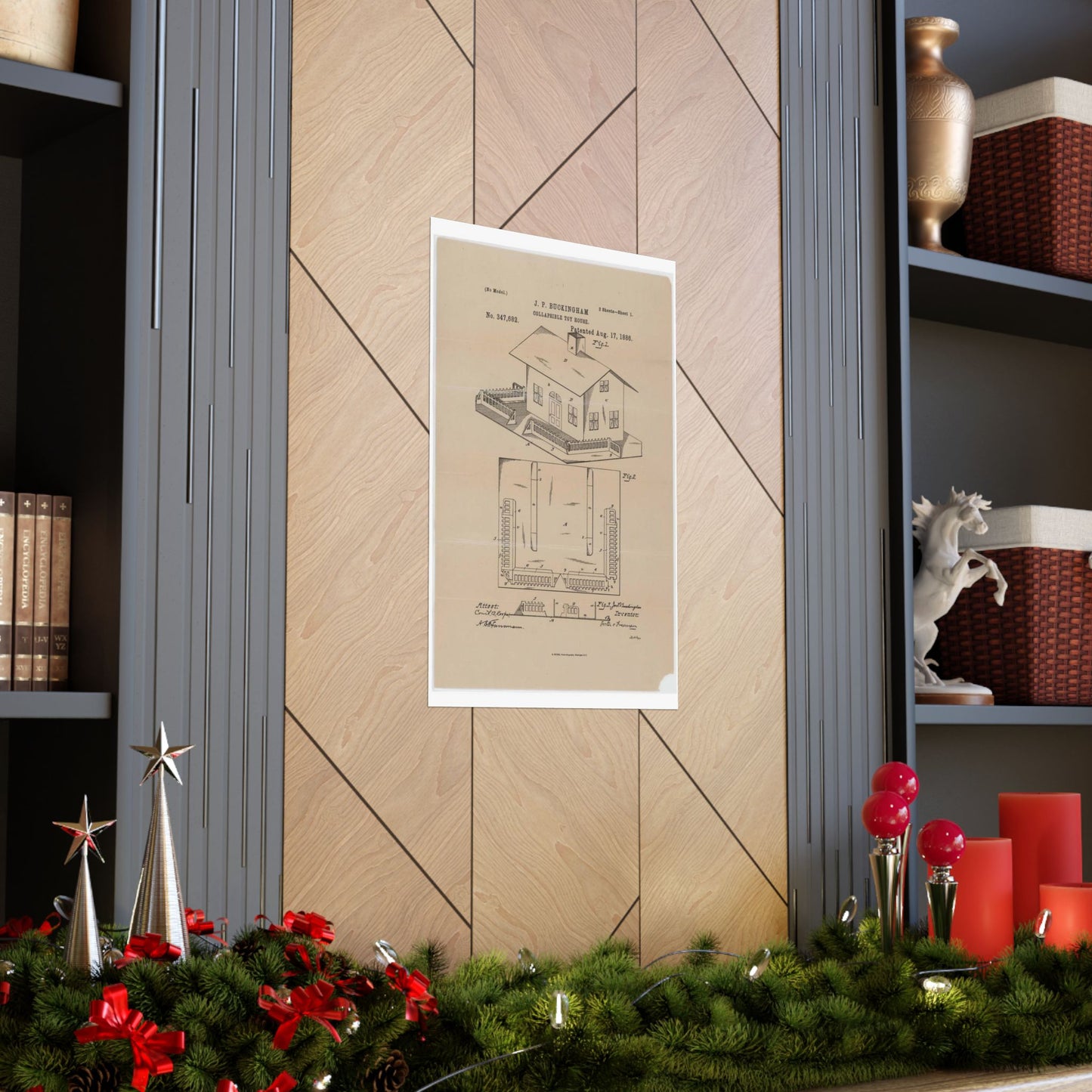 Patent Drawing of Engine - Drawing for a Collapsible Toy House Public domain image High Quality Matte Wall Art Poster for Home, Office, Classroom