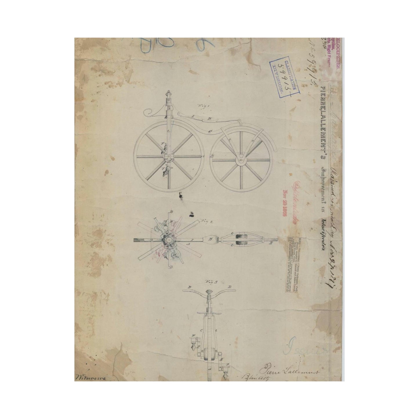 Patent drawing - for Pierre Lallement's Improvement in Velocipedes Public domain image High Quality Matte Wall Art Poster for Home, Office, Classroom