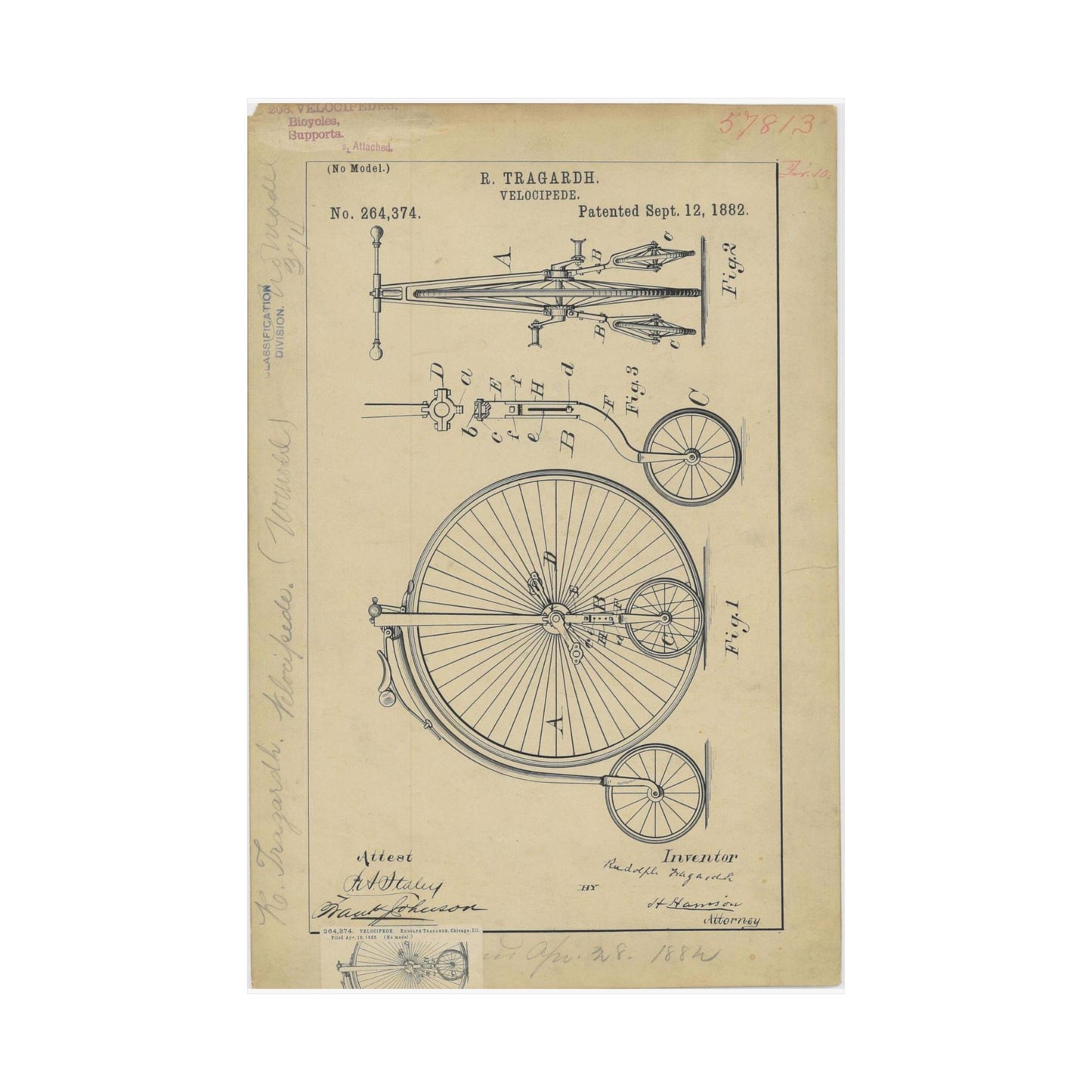 Patent drawing - Drawing of a Velocipede Public domain image High Quality Matte Wall Art Poster for Home, Office, Classroom