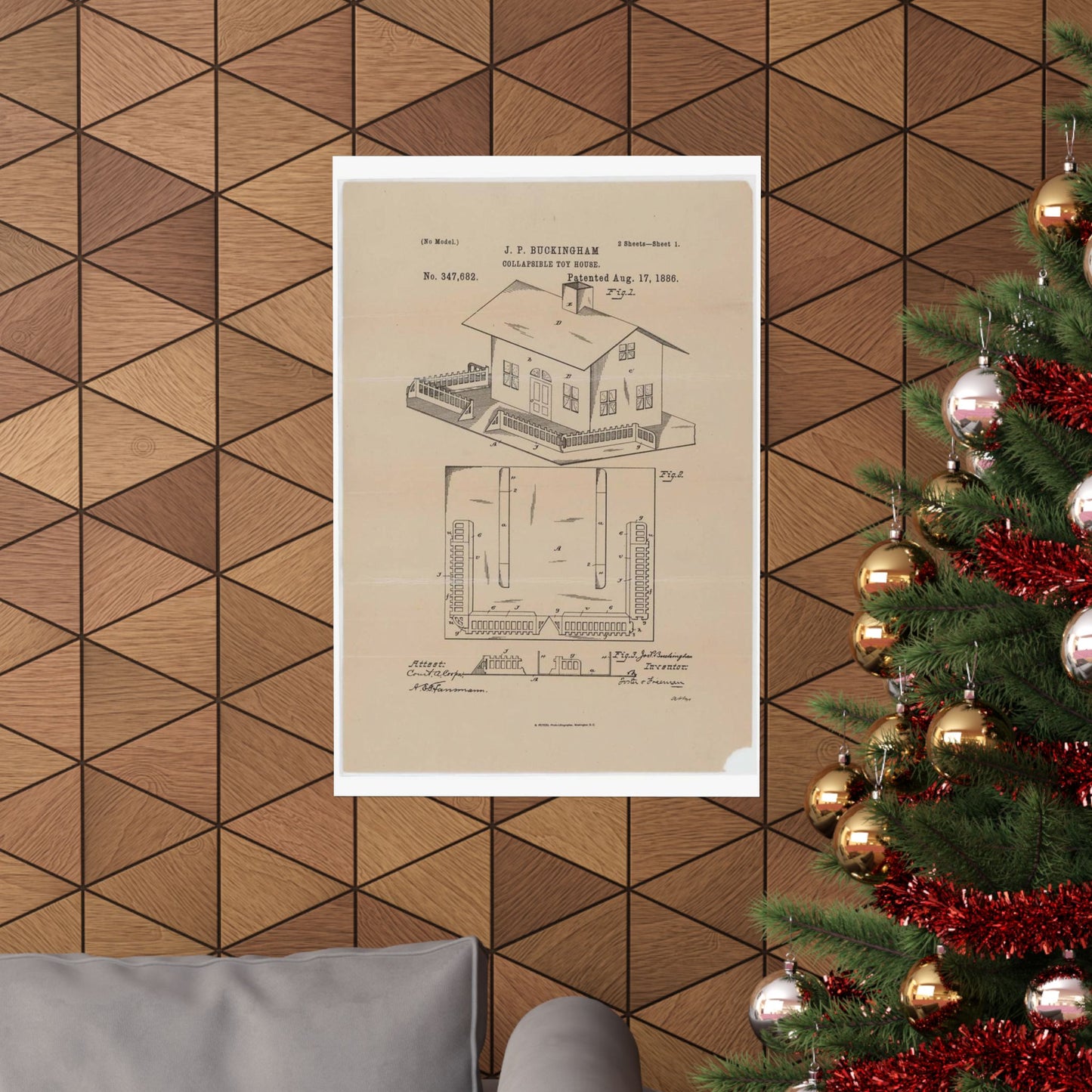 Patent Drawing of Engine - Drawing for a Collapsible Toy House Public domain image High Quality Matte Wall Art Poster for Home, Office, Classroom