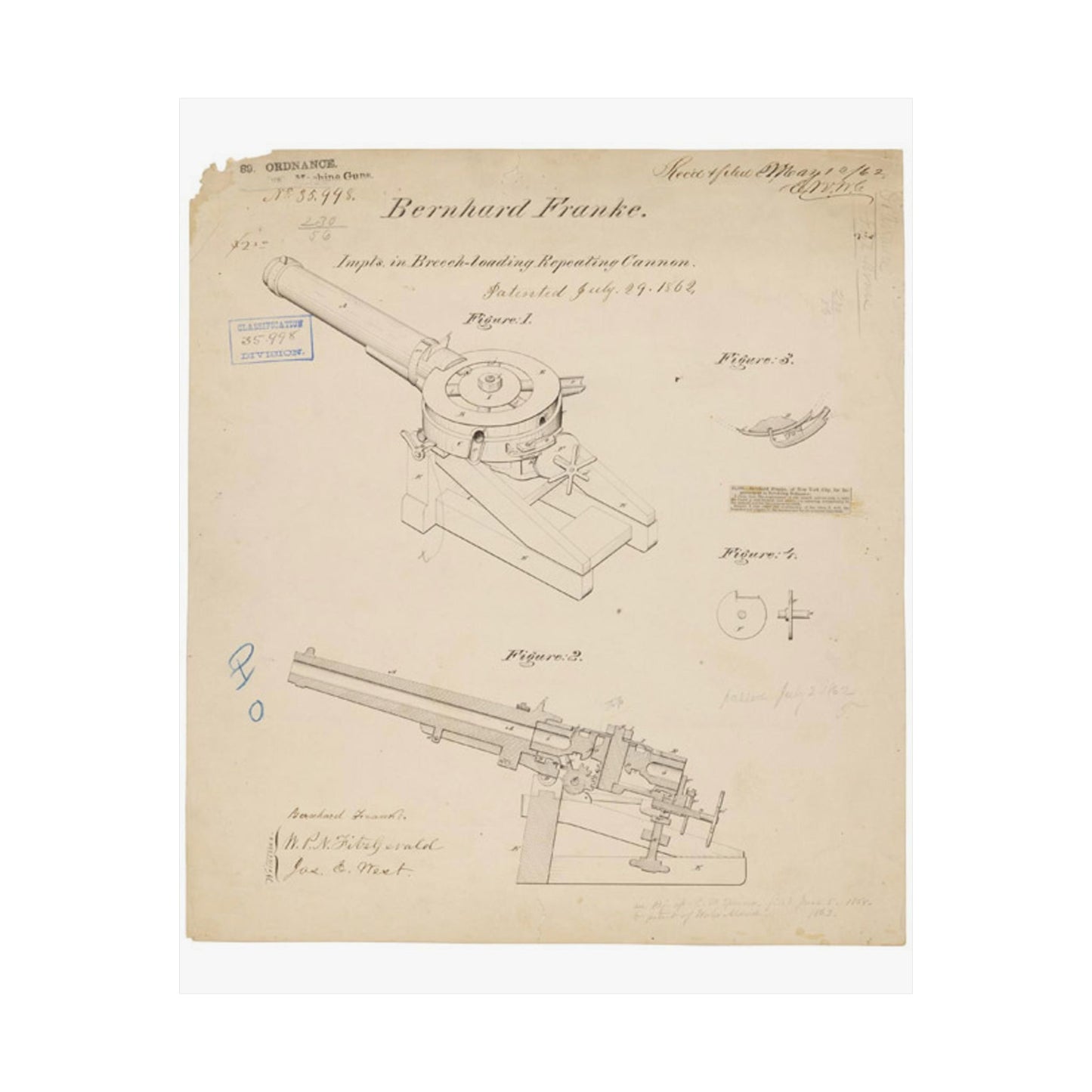Patent drawing - Drawing of Improvements in Breech-Loading Repeating Cannon Public domain image High Quality Matte Wall Art Poster for Home, Office, Classroom