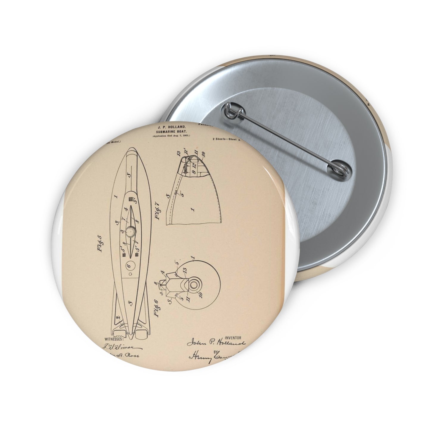Patent drawing - Drawing for a Submarine Boat Public domain image Pin Buttons with Crisp Design