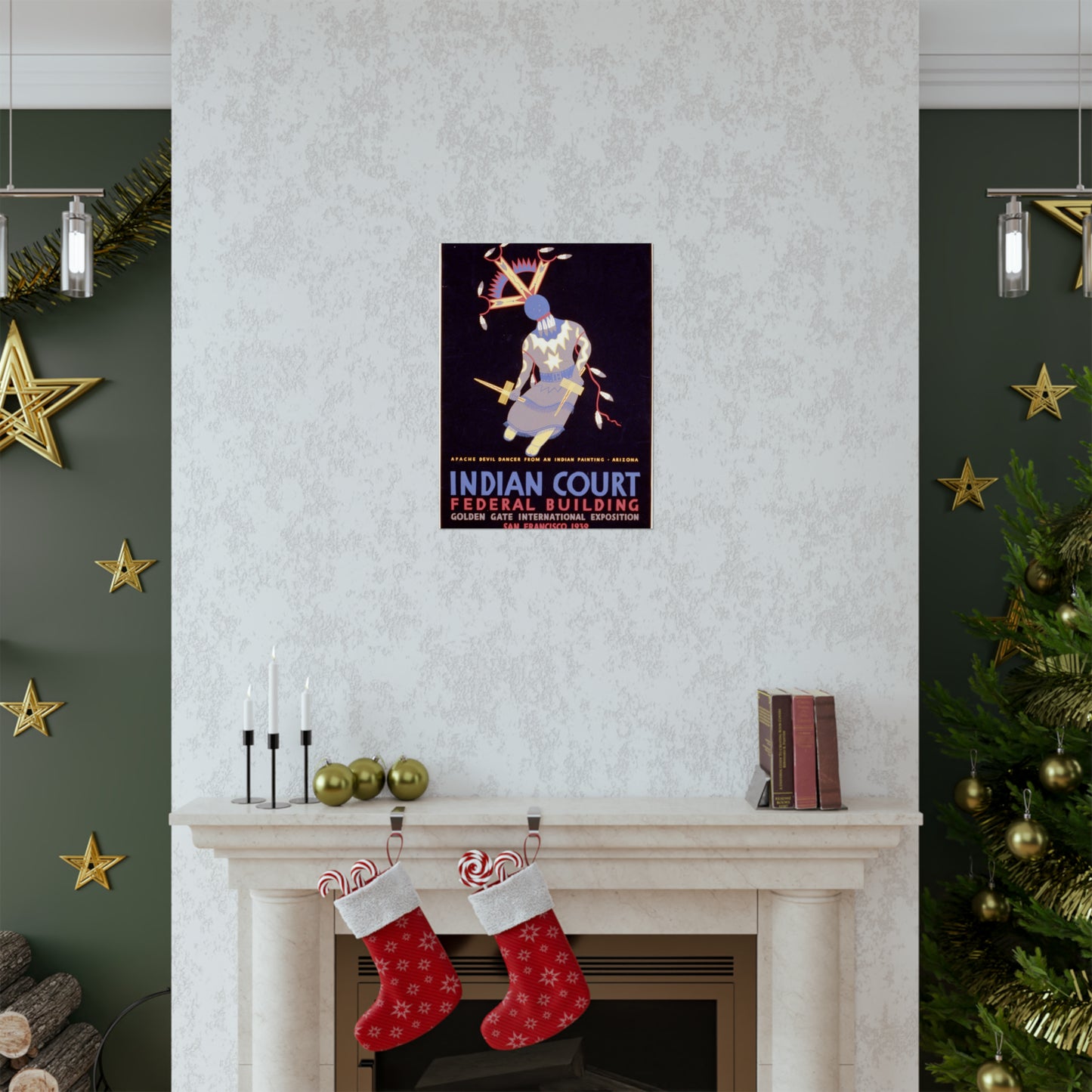 Indian court, Federal Building, Golden Gate International Exposition, San Francisco, 1939 Apache devil dancer from an Indian painting, Arizona / / Siegriest. High Quality Matte Wall Art Poster for Home, Office, Classroom