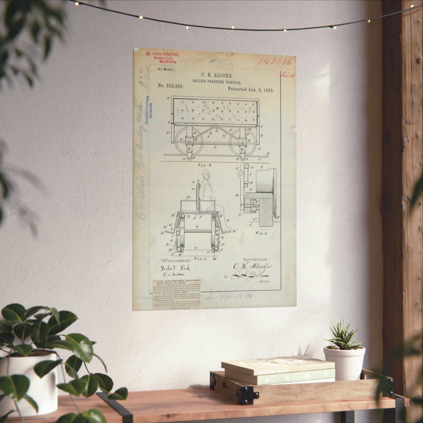 Patent Drawing of Engine - for C. H. Alcoke's Roller Coasting Vehicle Public domain image High Quality Matte Wall Art Poster for Home, Office, Classroom