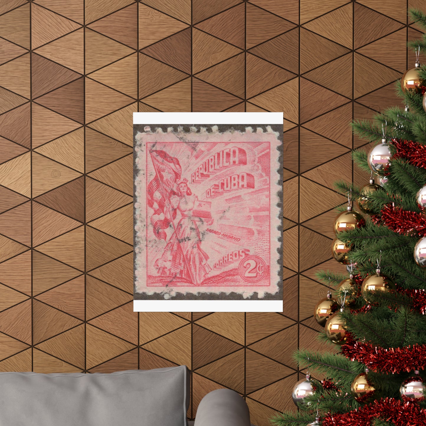 Frimärke ur Gösta Bodmans filatelistiska motivsamling, påbörjad 1950.Frimärke från Cuba, 1948. Motiv av kvinnosymbol för friheten med cigrarrlåda och flagga. High Quality Matte Wall Art Poster for Home, Office, Classroom