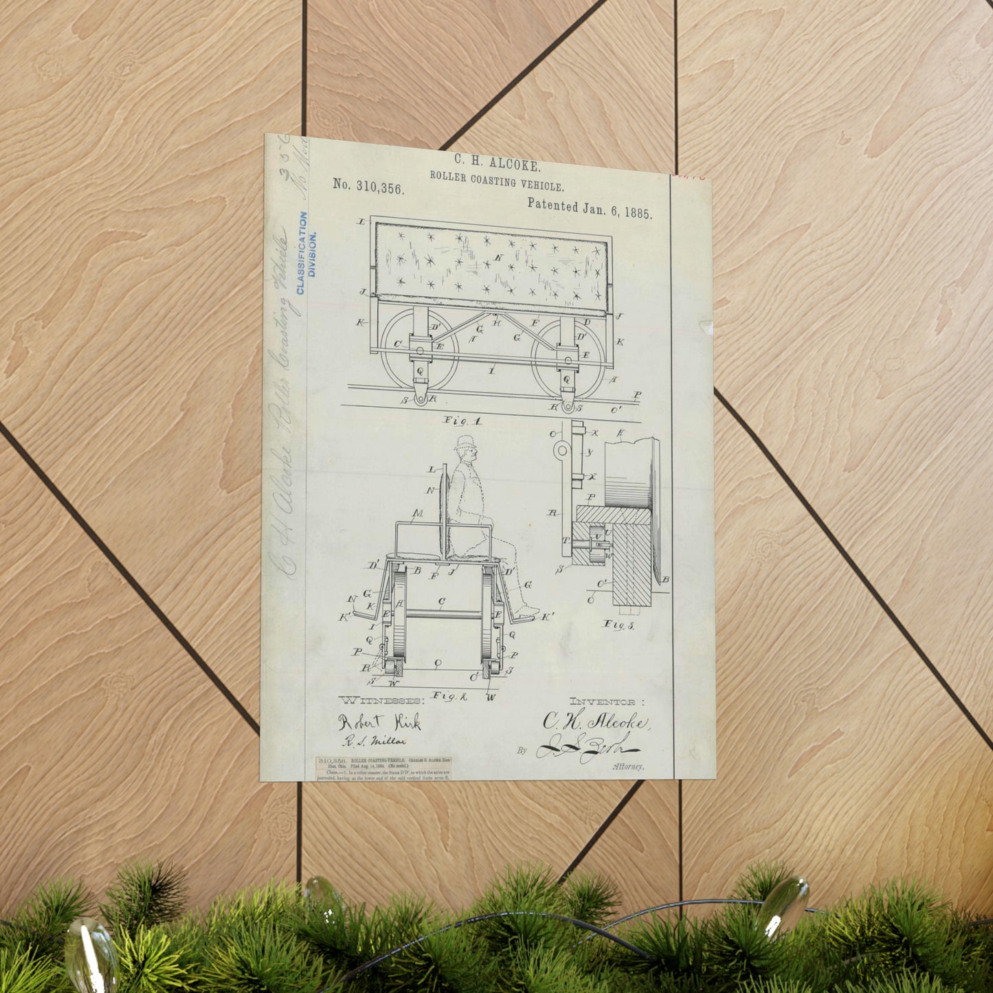 Patent Drawing of Engine - for C. H. Alcoke's Roller Coasting Vehicle Public domain image High Quality Matte Wall Art Poster for Home, Office, Classroom