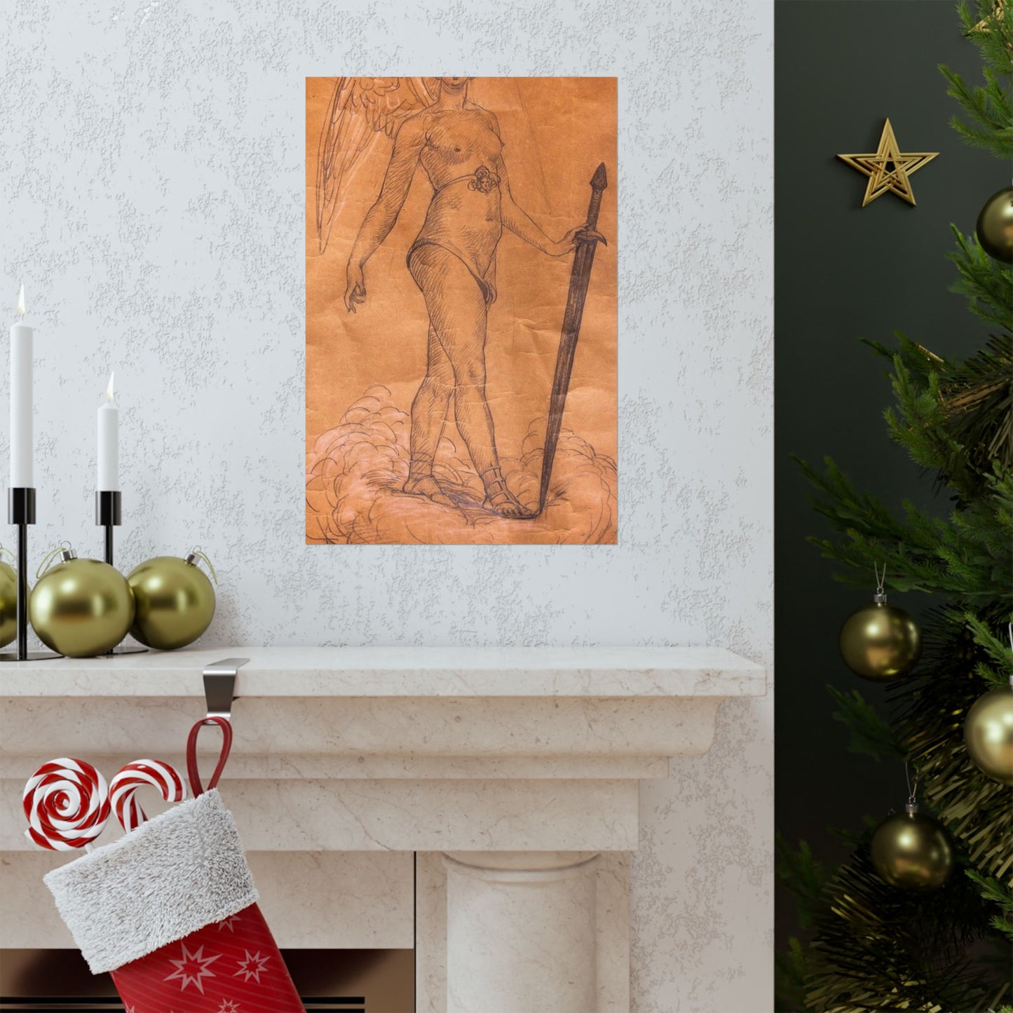 A drawing of an angel holding a sword. Woman breasts sword, beauty fashion. High Quality Matte Wall Art Poster for Home, Office, Classroom