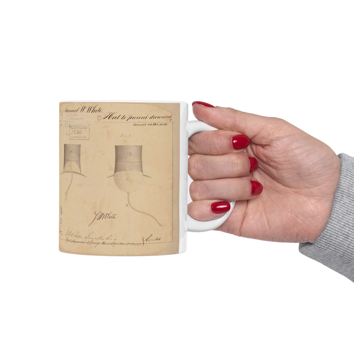 Patent drawing - Drawing of Hat to Prevent Drowning Public domain image Beautiful Novelty Ceramic Coffee Mug 11oz