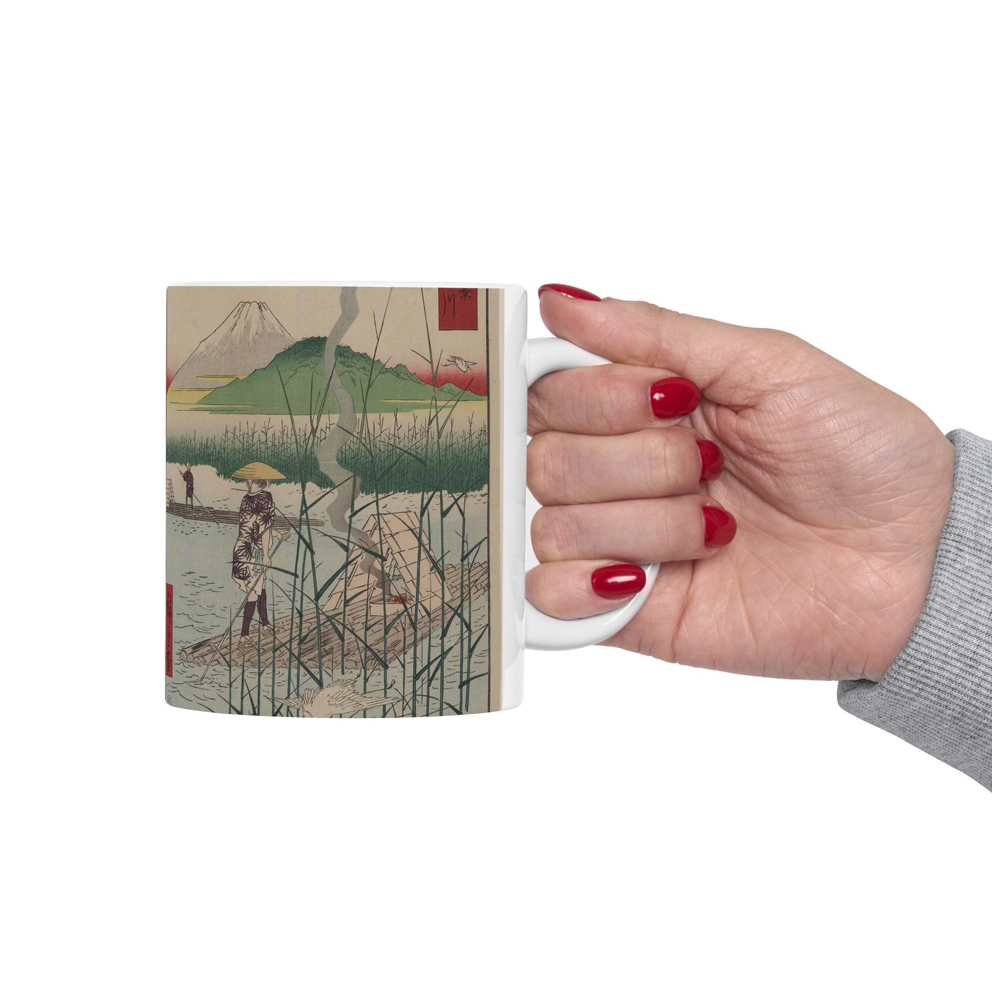 18 - The Sagami River - A painting of a man standing on a boat in a body of water Beautiful Novelty Ceramic Coffee Mug 11oz