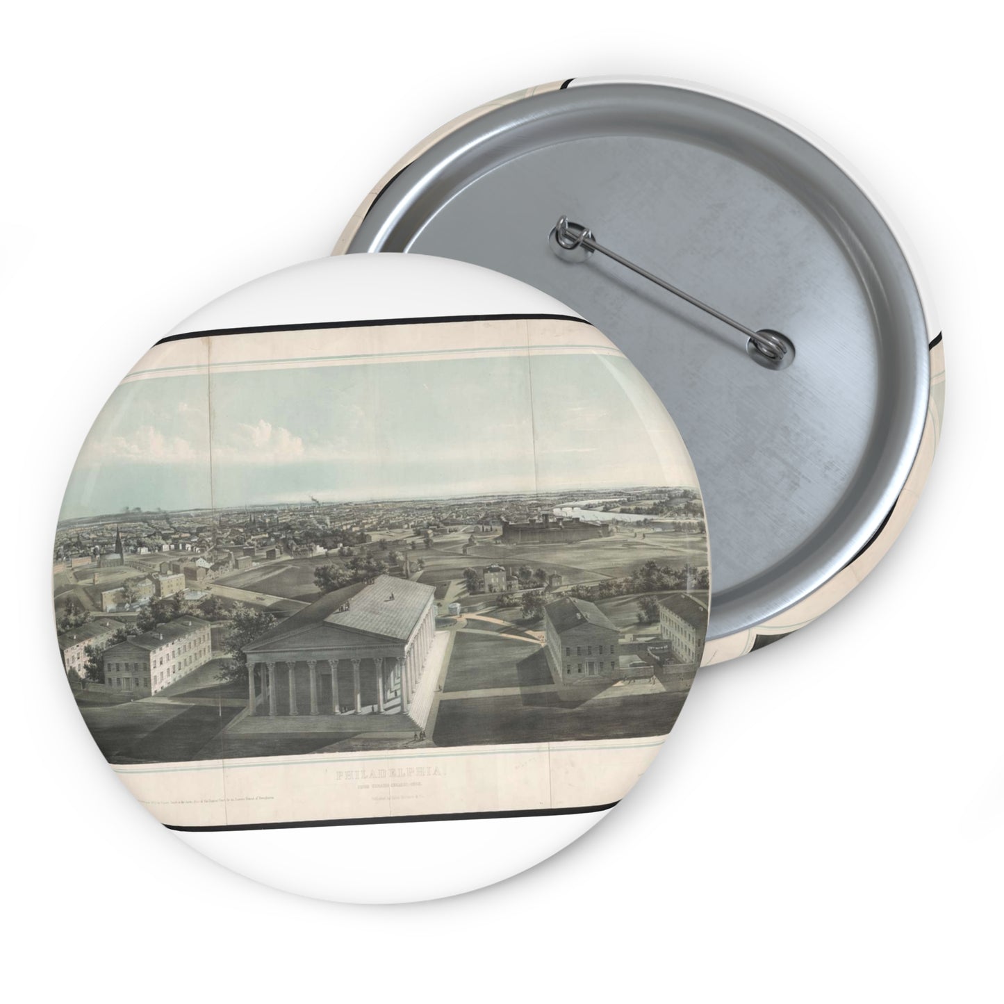Philadelphia, from Girard College-1850 / J. W. Hill & Smith, del. ; lith. par B. F. Smith Jr. ; printed in tints by F. Michelin. Pin Buttons with Crisp Design
