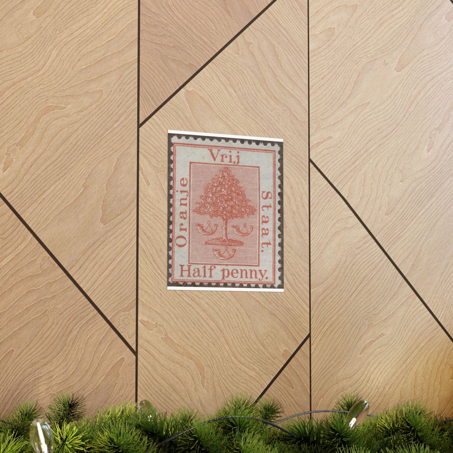Frimärke ur Gösta Bodmans filatelistiska motivsamling, påbörjad 1950.Frimärke från Oranje -Fristaten. Motiv av apelsinträd med frukter och posthorn. High Quality Matte Wall Art Poster for Home, Office, Classroom