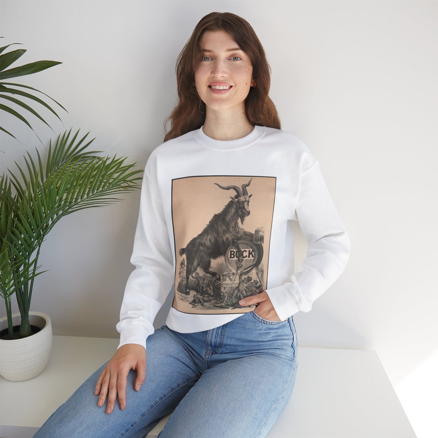 Giant bock goat resting on a keg, holding a mug of beer, men under the goat scrambling White Heavy Blend Adult Crew Neck SweatShirt