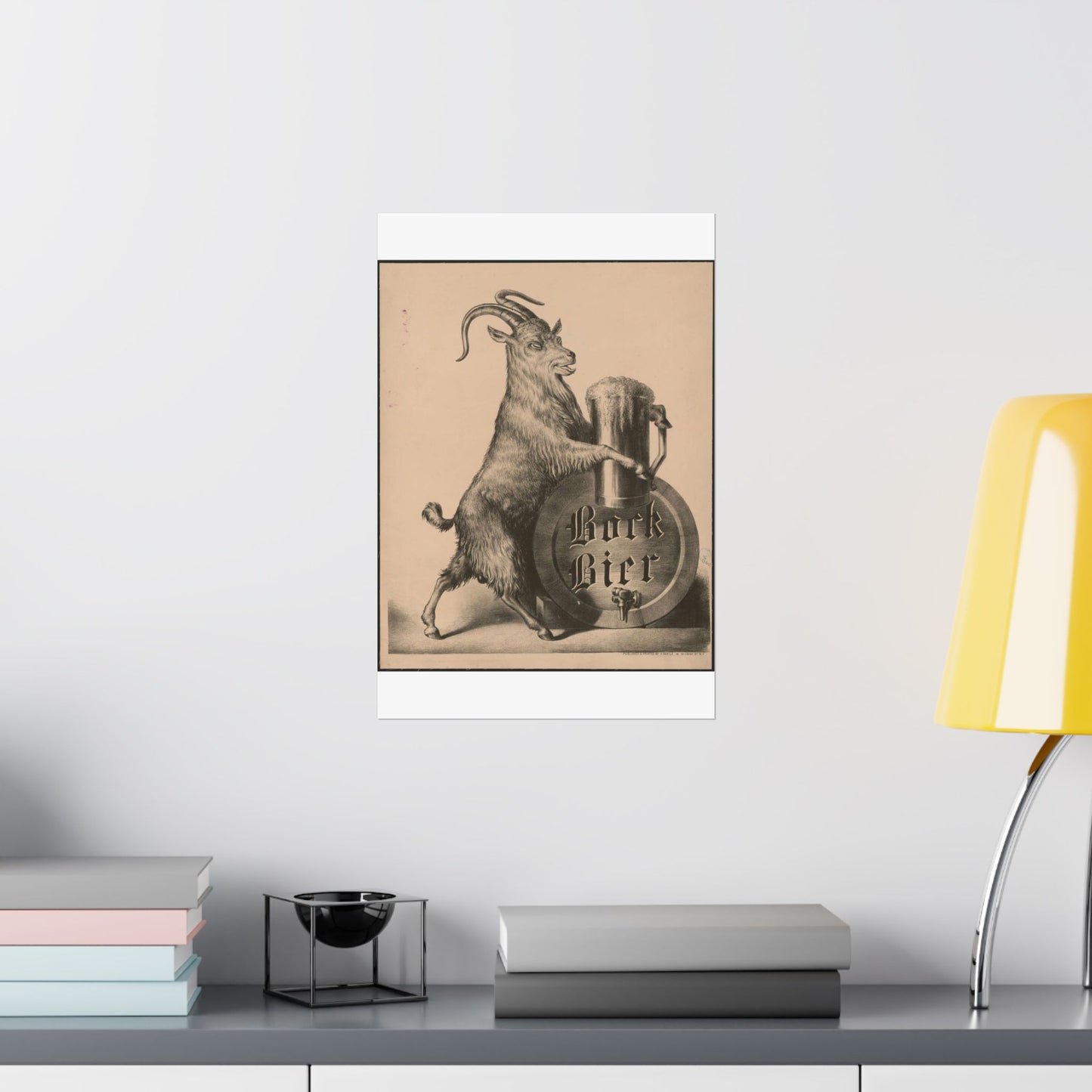 Bock Bier goat on hind legs, holding large mug of beer with front hooves High Quality Matte Wall Art Poster for Home, Office, Classroom