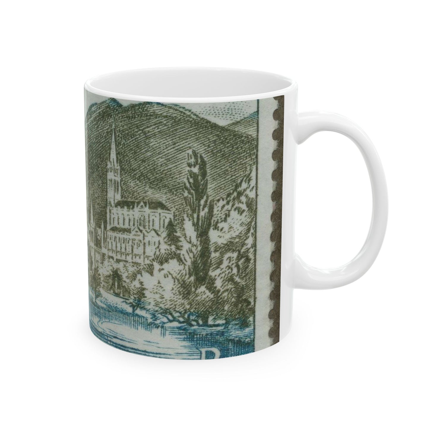 Frimärke ur Gösta Bodmans filatelistiska motivsamling, påbörjad 1950.Frimärke från Frankrike, 1954. Motiv av kyrkan vid Lourdes. "Undergörande vatten". Beautiful Novelty Ceramic Coffee Mug 11oz