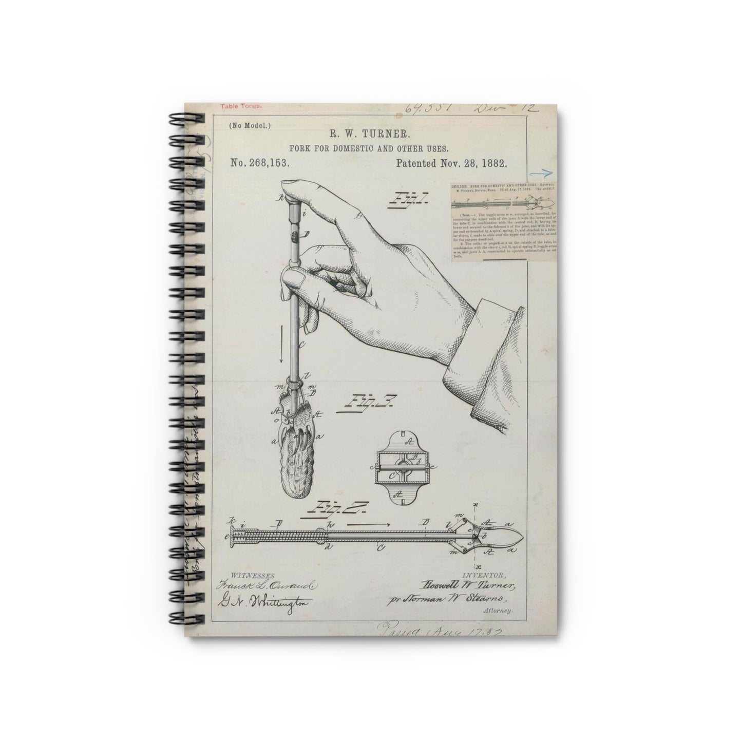 Patent drawing - for R. W. Turner's Fork for Domestic and Other Uses Public domain image Spiral Bound Ruled Notebook with Printed Cover