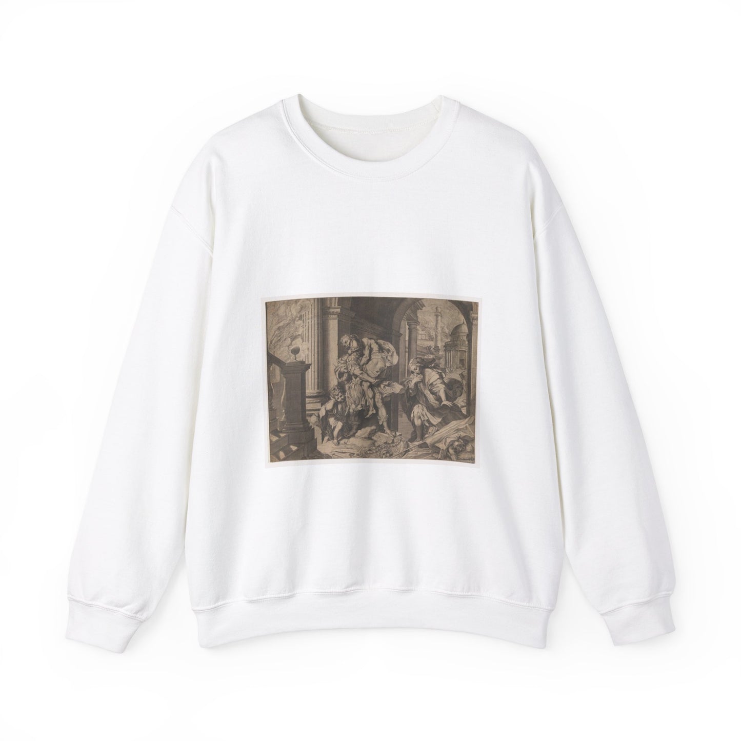 Agostino Carracci - Aeneas and his family fleeing Troy White Heavy Blend Adult Crew Neck SweatShirt