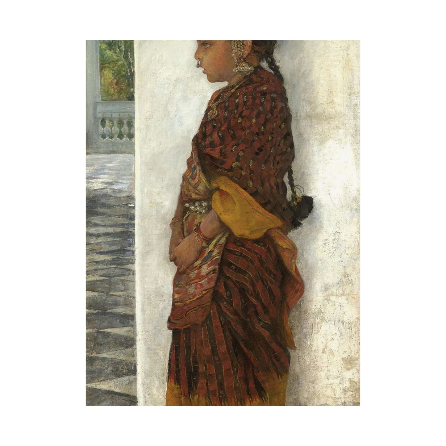 Hermann Linde - Girl standing in a veranda wearing a Pochampalli sari (ca.1895) High Quality Matte Wall Art Poster for Home, Office, Classroom