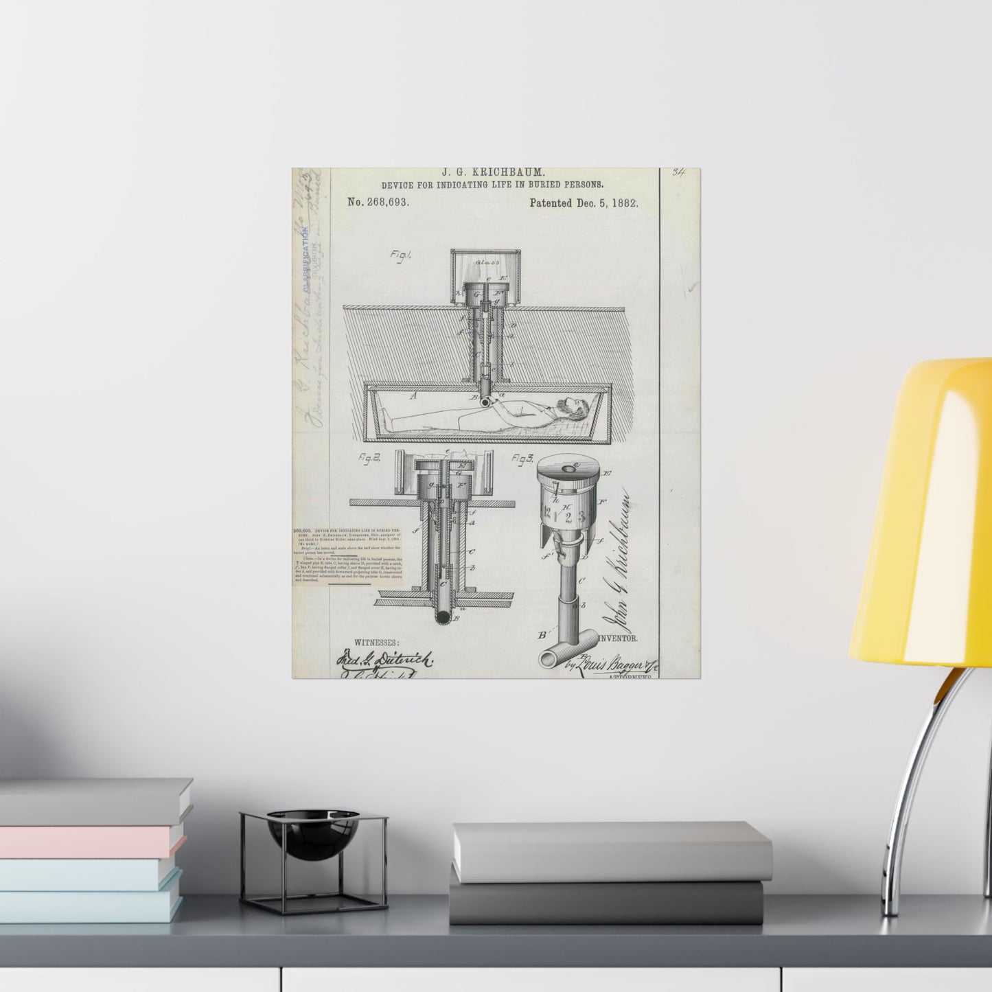 Patent drawing - for J. G. Krichbaum's Device for Indicating Life in Buried Persons Public domain image High Quality Matte Wall Art Poster for Home, Office, Classroom