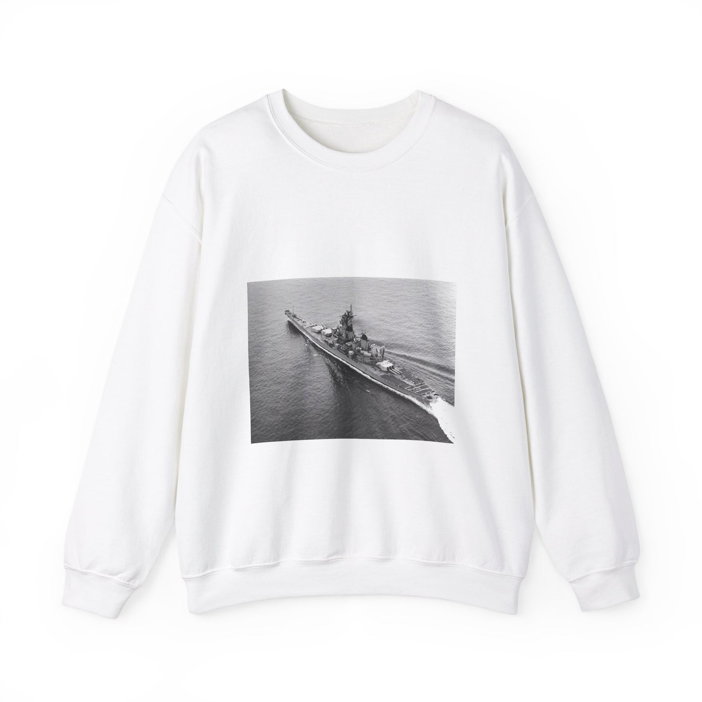 An elevated port quarter view of the battleship USS IOWA (BB 61) underway during sea trials White Heavy Blend Adult Crew Neck SweatShirt