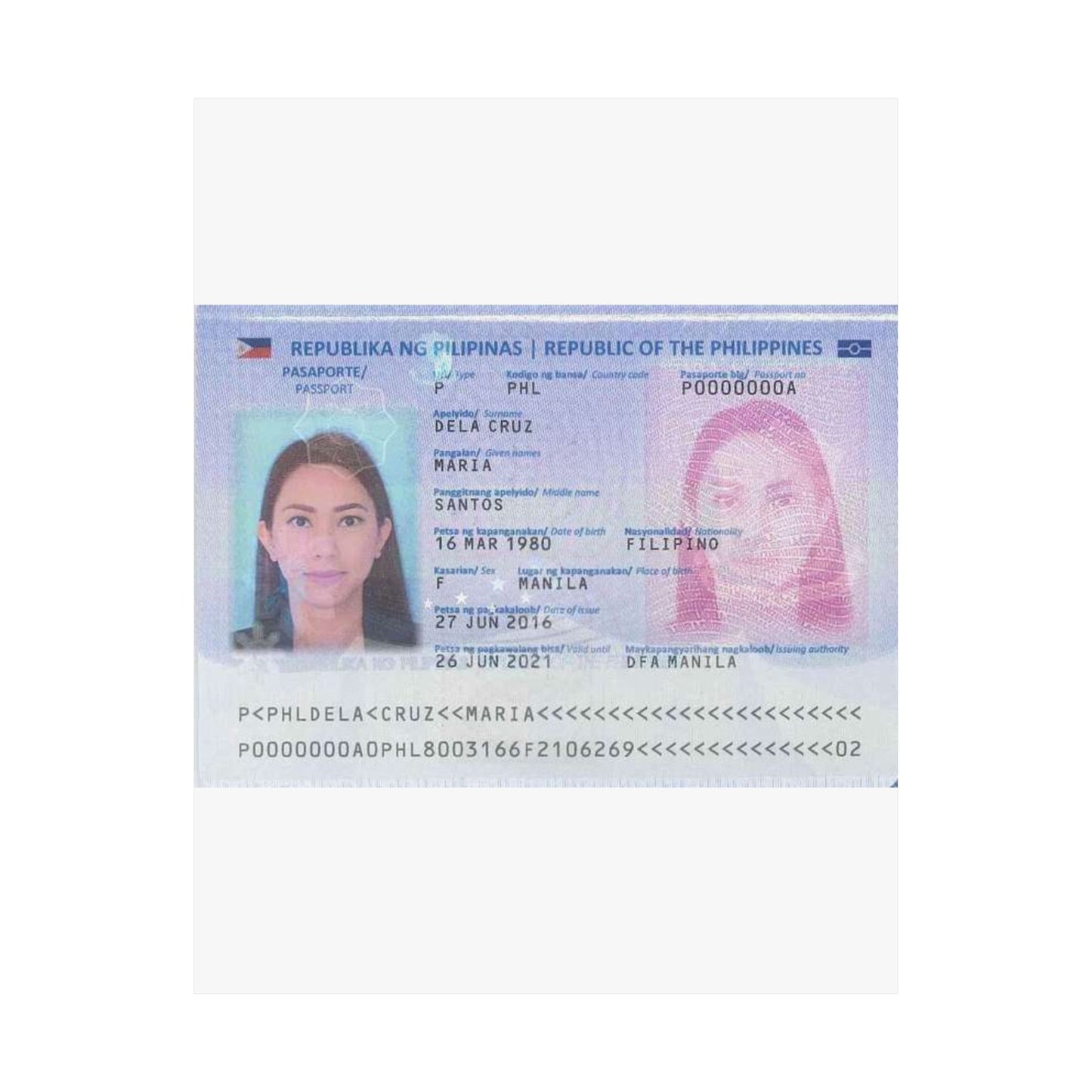 Philippine passport (2016 edition) data page (cropped) High Quality Matte Wall Art Poster for Home, Office, Classroom