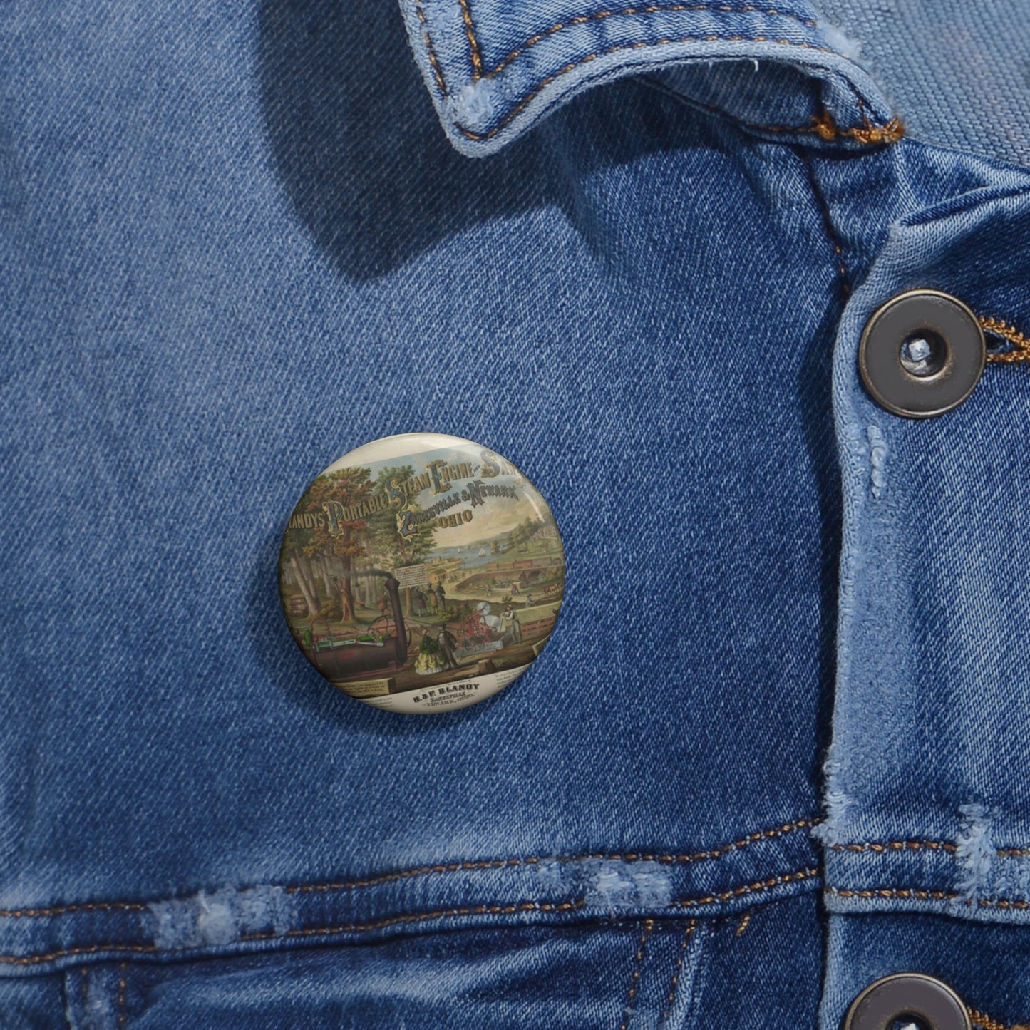 Blandy's portable steam engine and saw mills, Zanesville & Newark Ohio Pin Buttons with Crisp Design