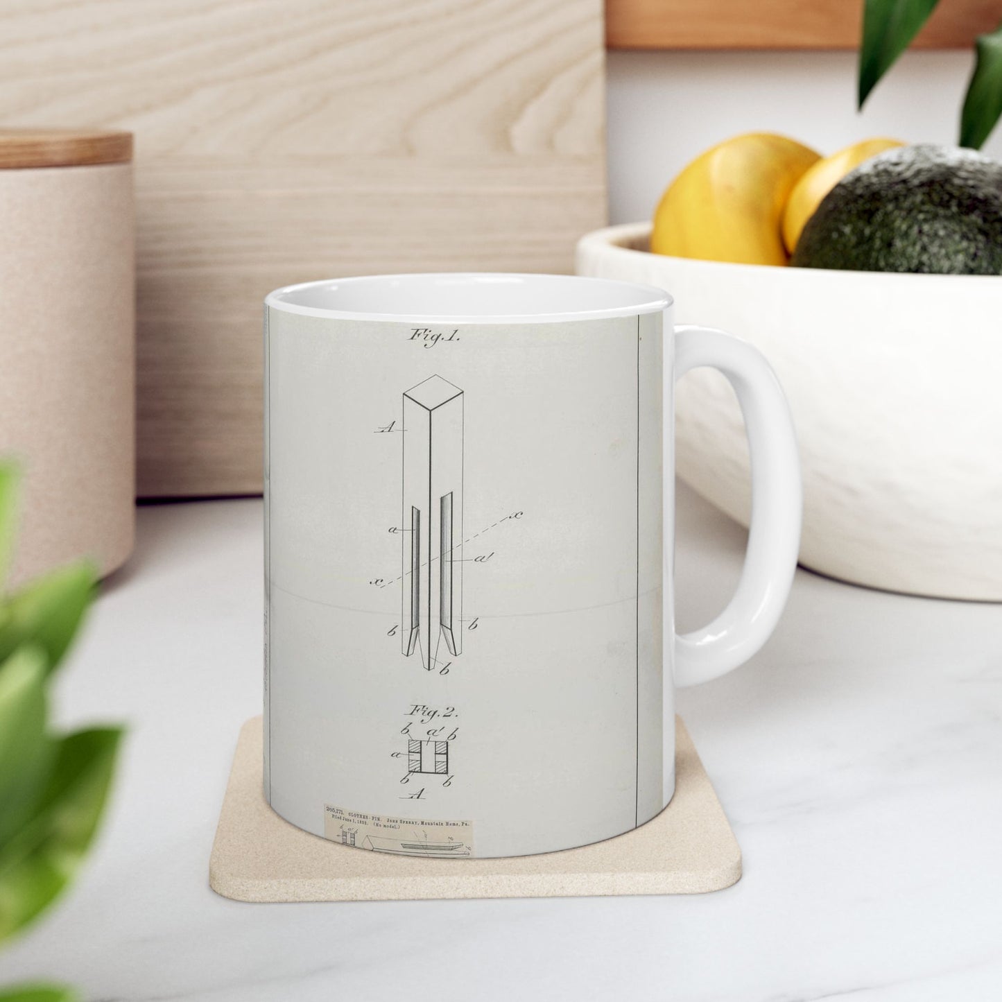 Patent drawing - for J. Sperry's Clothes Pin Public domain image Beautiful Novelty Ceramic Coffee Mug 11oz