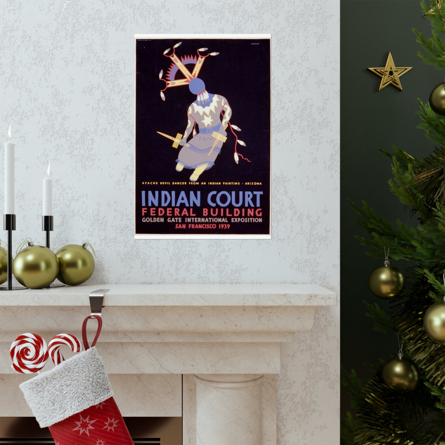 Indian court, Federal Building, Golden Gate International Exposition, San Francisco, 1939 Apache devil dancer from an Indian painting, Arizona / / Siegriest. High Quality Matte Wall Art Poster for Home, Office, Classroom