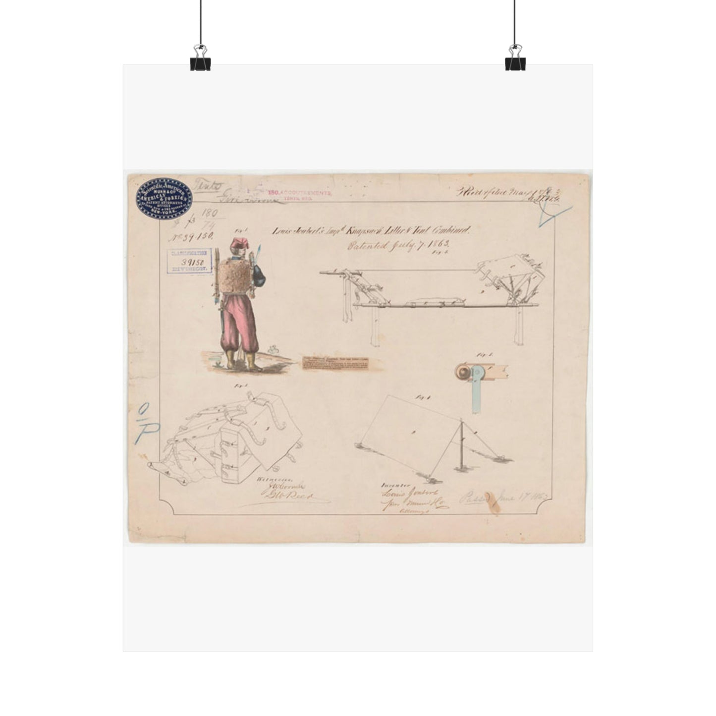 Patent drawing - Drawing of Improved Knapsack, Litter and Tent Combined Public domain image High Quality Matte Wall Art Poster for Home, Office, Classroom