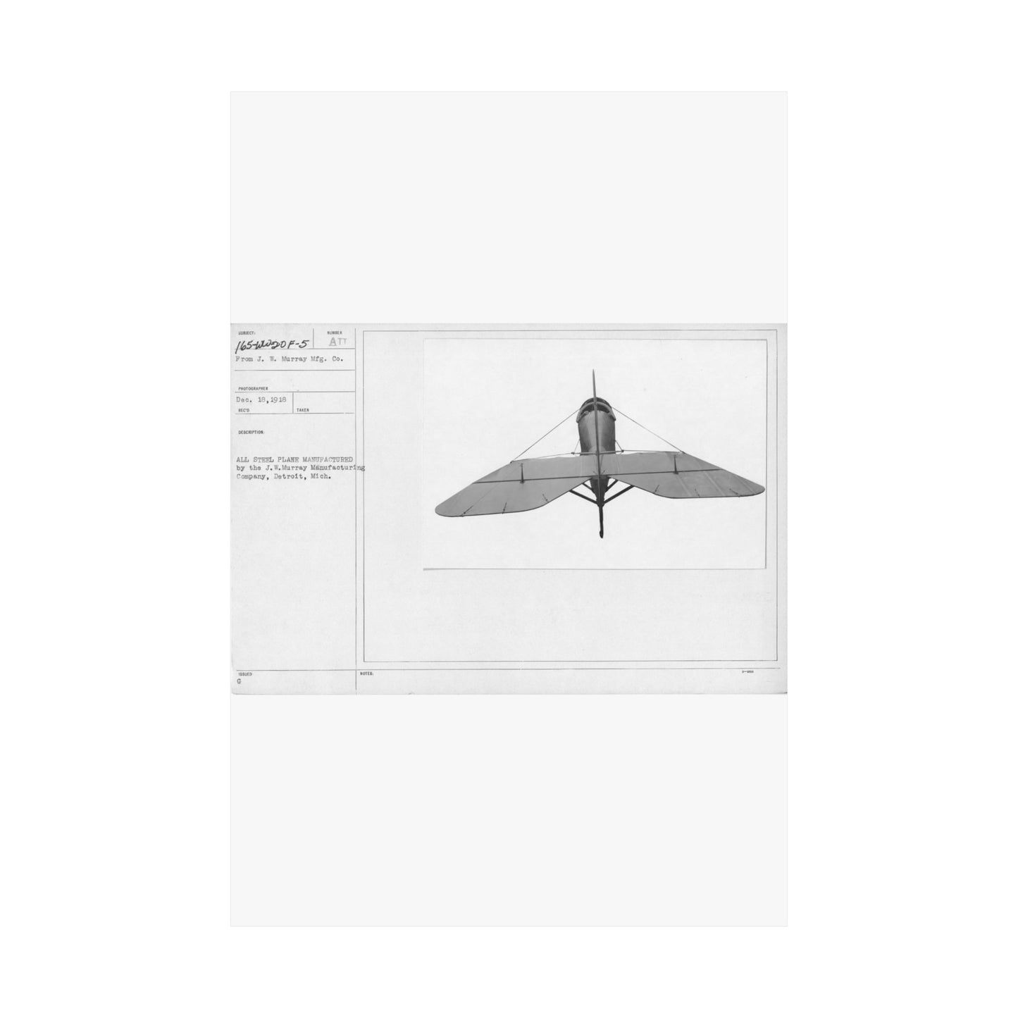 Patent drawing - Airplanes - Types - All steel manufactured by the J.W. Murray Manufacturing Company, Detroit, Michigan Public domain image High Quality Matte Wall Art Poster for Home, Office, Classroom