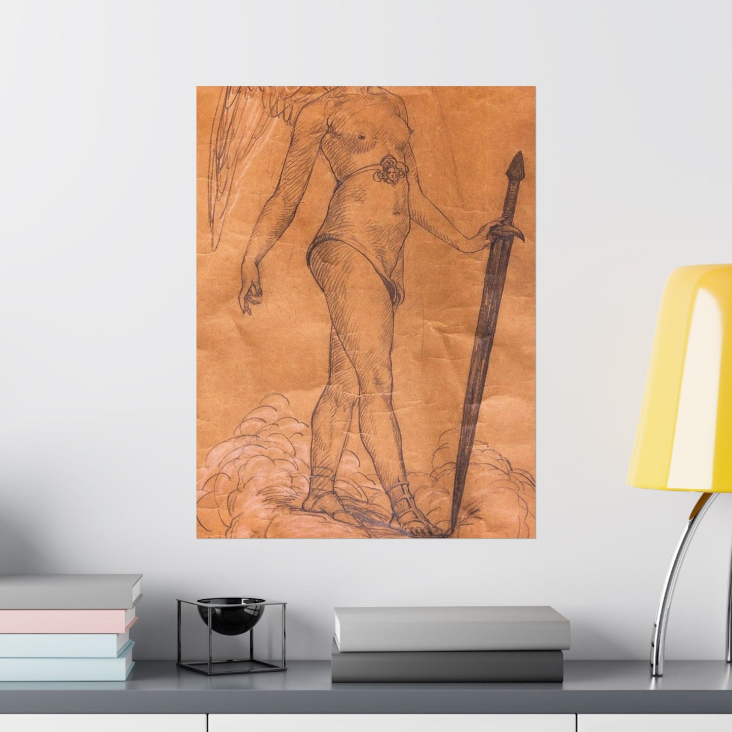 A drawing of an angel holding a sword. Woman breasts sword, beauty fashion. High Quality Matte Wall Art Poster for Home, Office, Classroom