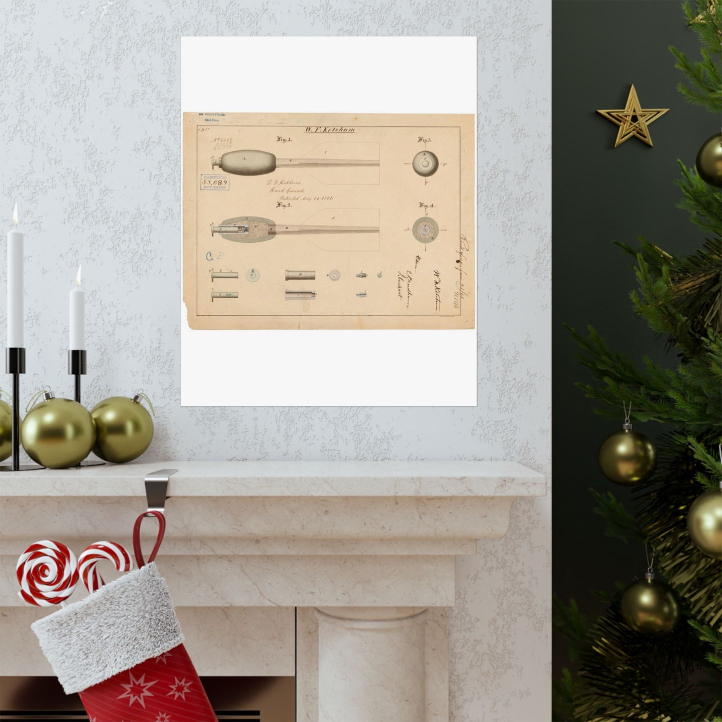 Patent Drawing of Engine - Drawing of Hand Grenade Public domain image High Quality Matte Wall Art Poster for Home, Office, Classroom