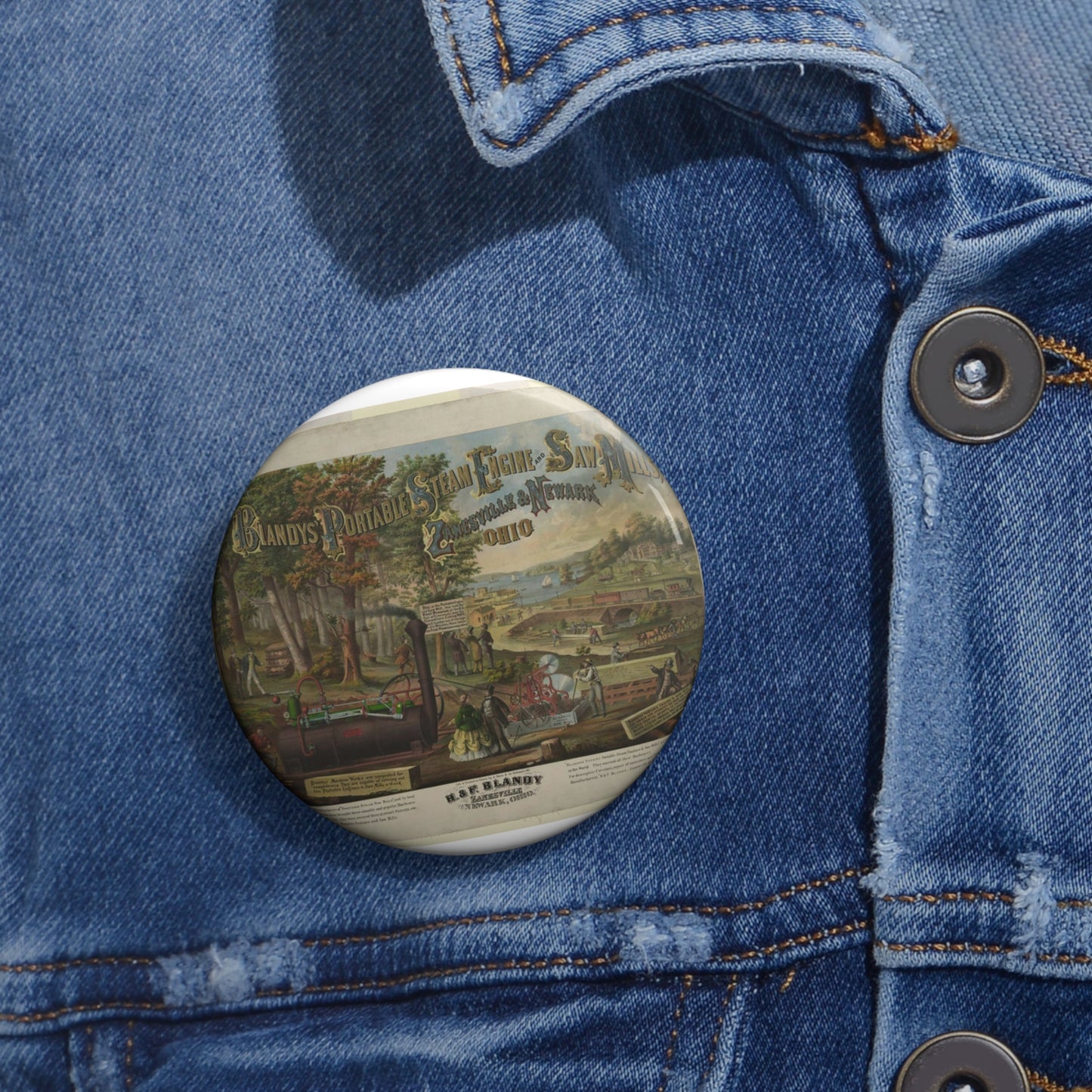 Blandy's portable steam engine and saw mills, Zanesville & Newark Ohio Pin Buttons with Crisp Design
