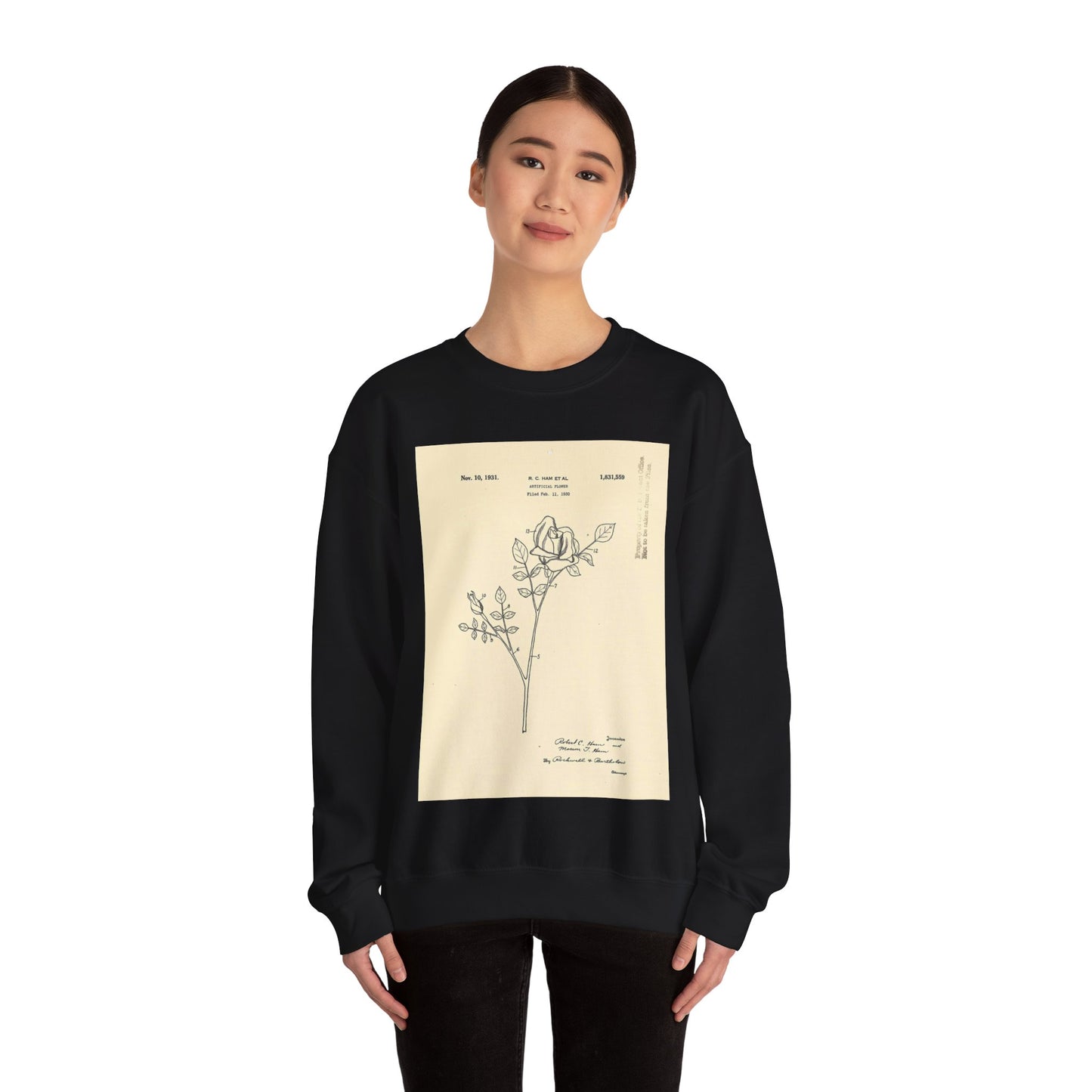 Patent Case File No. 1,831,559, Artificial Flower, Inventor(s)- Robert C. Ham and Marion T. Ham. - DPLA - 08745302078898b8870d70b04cb216a9 (page 5) Black Heavy Blend Adult Crew Neck SweatShirt