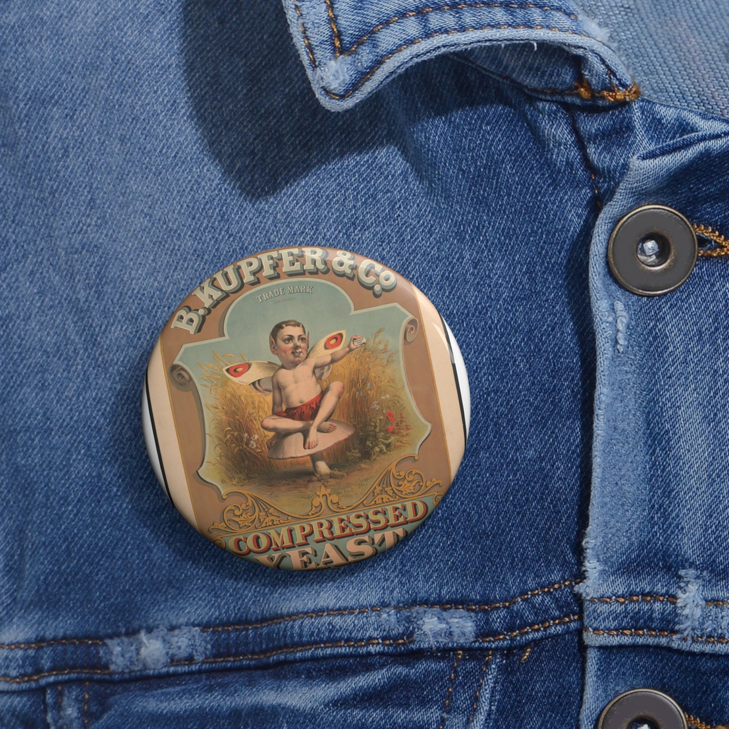 B. Kupfer & Co., compressed yeast puck Pin Buttons with Crisp Design