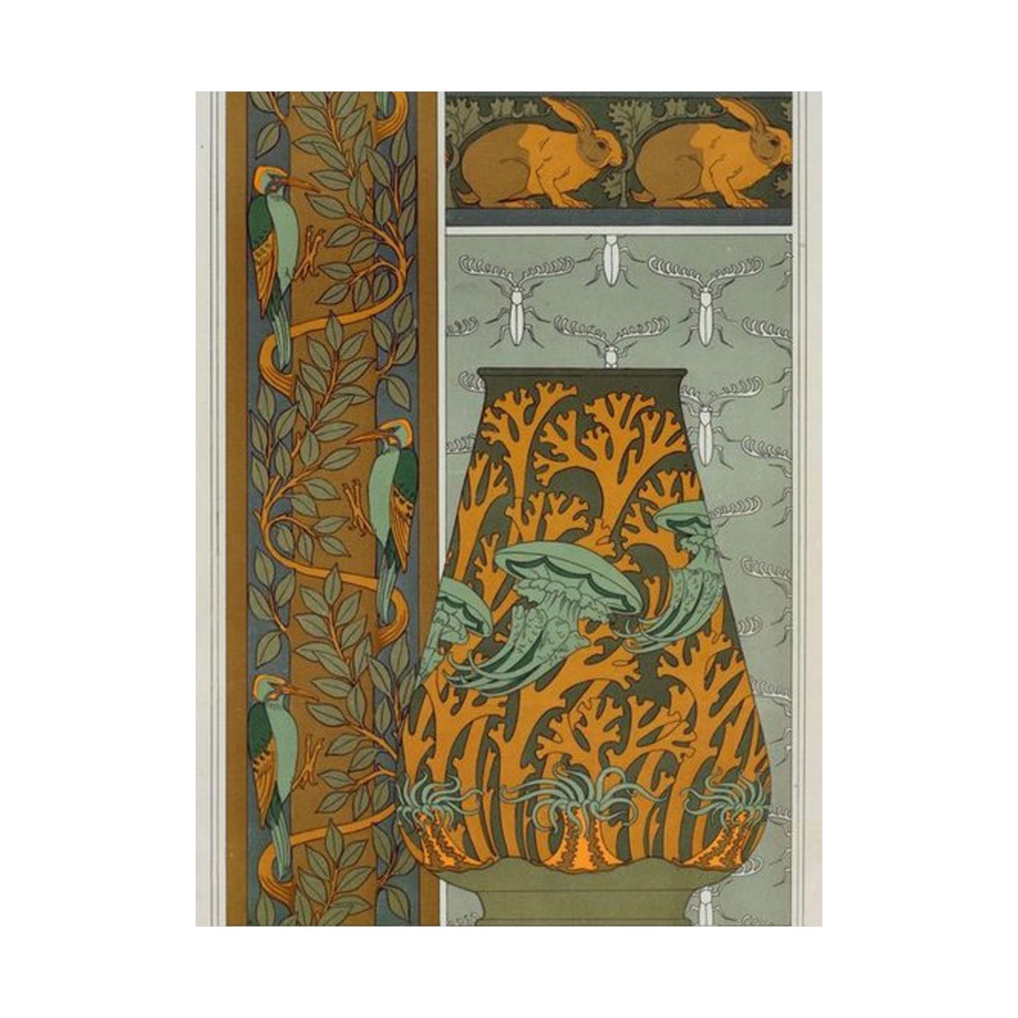 Piverts et arbre, bordure verticale. Lapins et feuilles, bordure. Méduses, anémones de mer et algues, vase. Insectes, jeu de fond. High Quality Matte Wall Art Poster for Home, Office, Classroom
