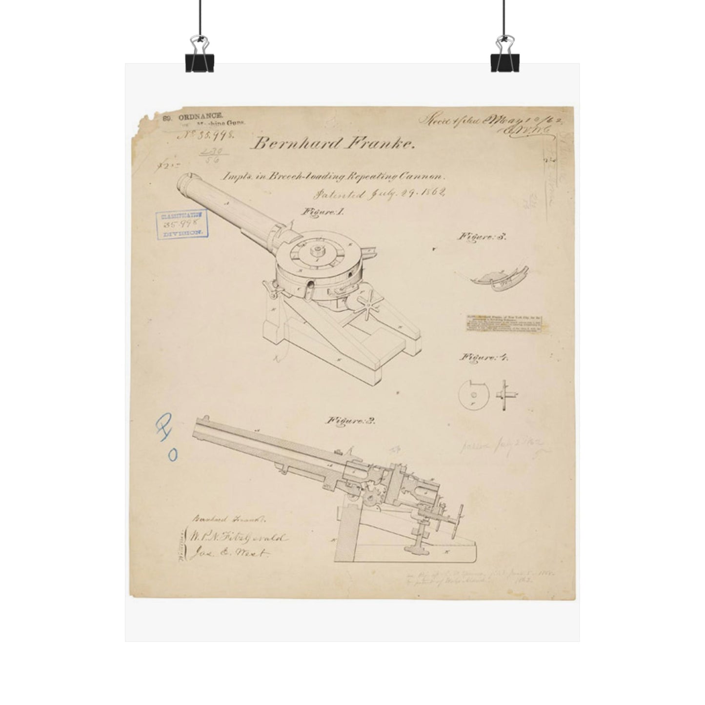 Patent drawing - Drawing of Improvements in Breech-Loading Repeating Cannon Public domain image High Quality Matte Wall Art Poster for Home, Office, Classroom