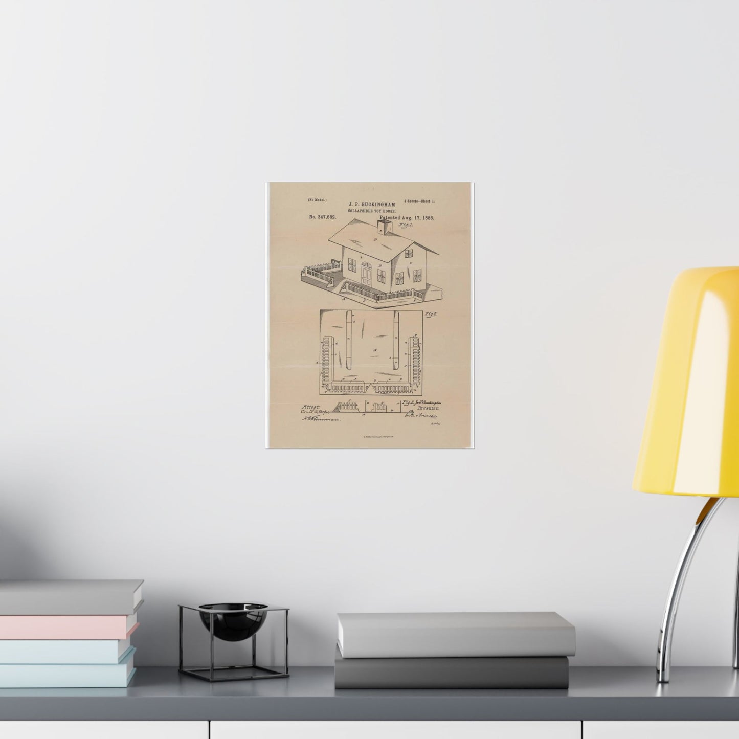 Patent Drawing of Engine - Drawing for a Collapsible Toy House Public domain image High Quality Matte Wall Art Poster for Home, Office, Classroom