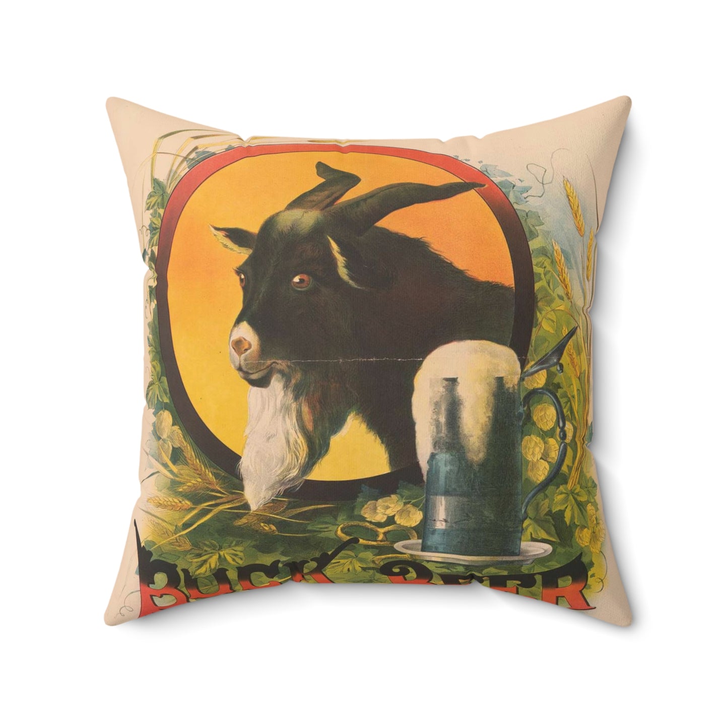 Bock Beer, the head of a goat inside an oval, with a stein of beer sitting on a bed of hops, underneath the oval Decorative Accent Square Pillow
