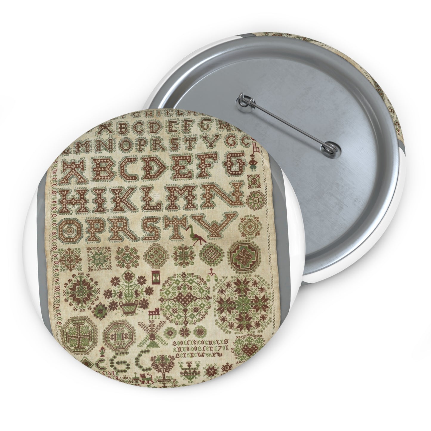 Signed and Dated Linen Sampler with Silk Embroidery Pin Buttons with Crisp Design