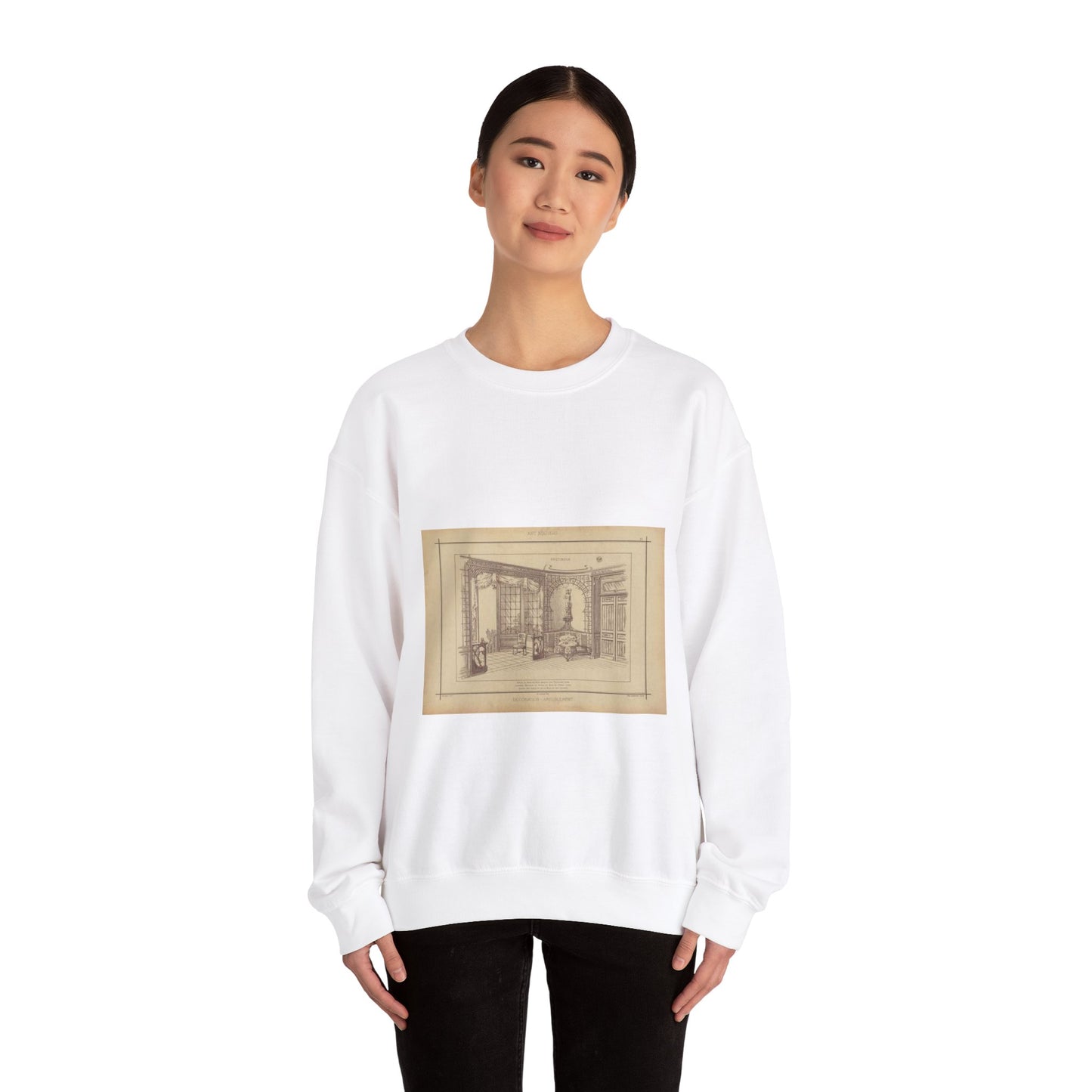 Vestibule : décor de baie en bois découpé sur treillage doré. Lambris, meubles et porte en bois de frêne verni. Etoffe des sièges et de la baie en soie brochée. White Heavy Blend Adult Crew Neck SweatShirt