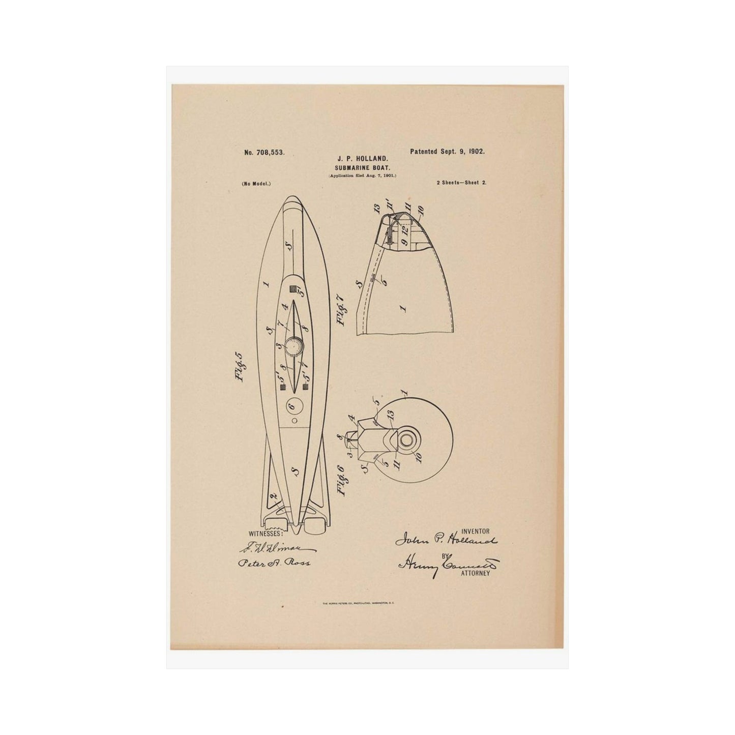 Patent drawing - Drawing for a Submarine Boat Public domain image High Quality Matte Wall Art Poster for Home, Office, Classroom