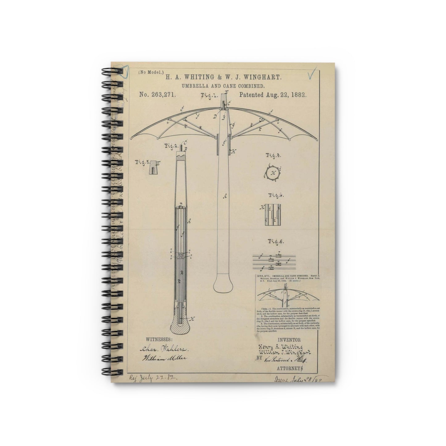 Patent drawing - for H. A. Whiting and W. J. Winghart's Umbrella and Cane Combined Public domain image Spiral Bound Ruled Notebook with Printed Cover